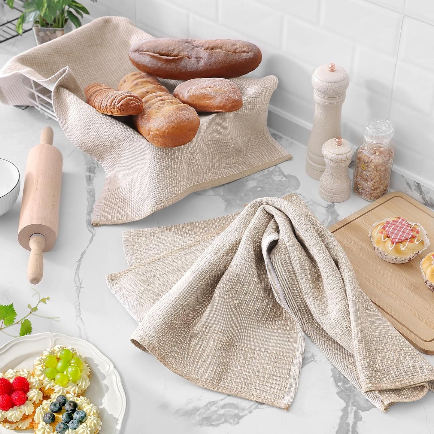 Homaxy Premium Kitchen Towels(18”x 28”, 6 Pack), Large Cotton Kitchen Hand Towels, Flat and Terry Dish Towels, 380 GSM Highly Absorbent Tea Towel Set with Hanging Loop, Red/Grey/Khaki