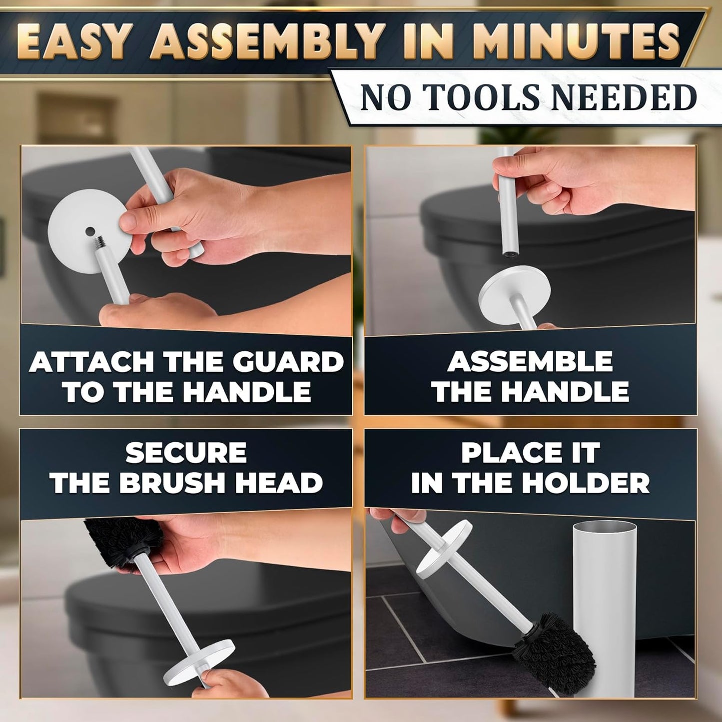 Stainless Steel Toilet Brush and Holder Set White - Long Handle Toilet Bowl Cleaner Brush and Holder - Removable Inner Liner, Shiny Design, Splash Protection & Dense Bristles for Bathroom Cleaning