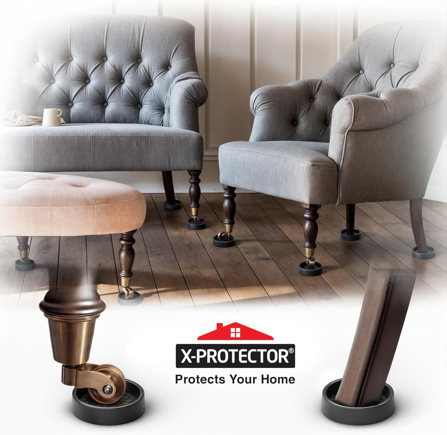 Furniture Cups X-PROTECTOR – 2.5" Caster Cups 8 PCS – Round Furniture Coasters – Ideal Bed Stoppers – Non Skid Furniture Pads with a Perfect Design – Rubber Furniture Pads - Protect Any Flooring!