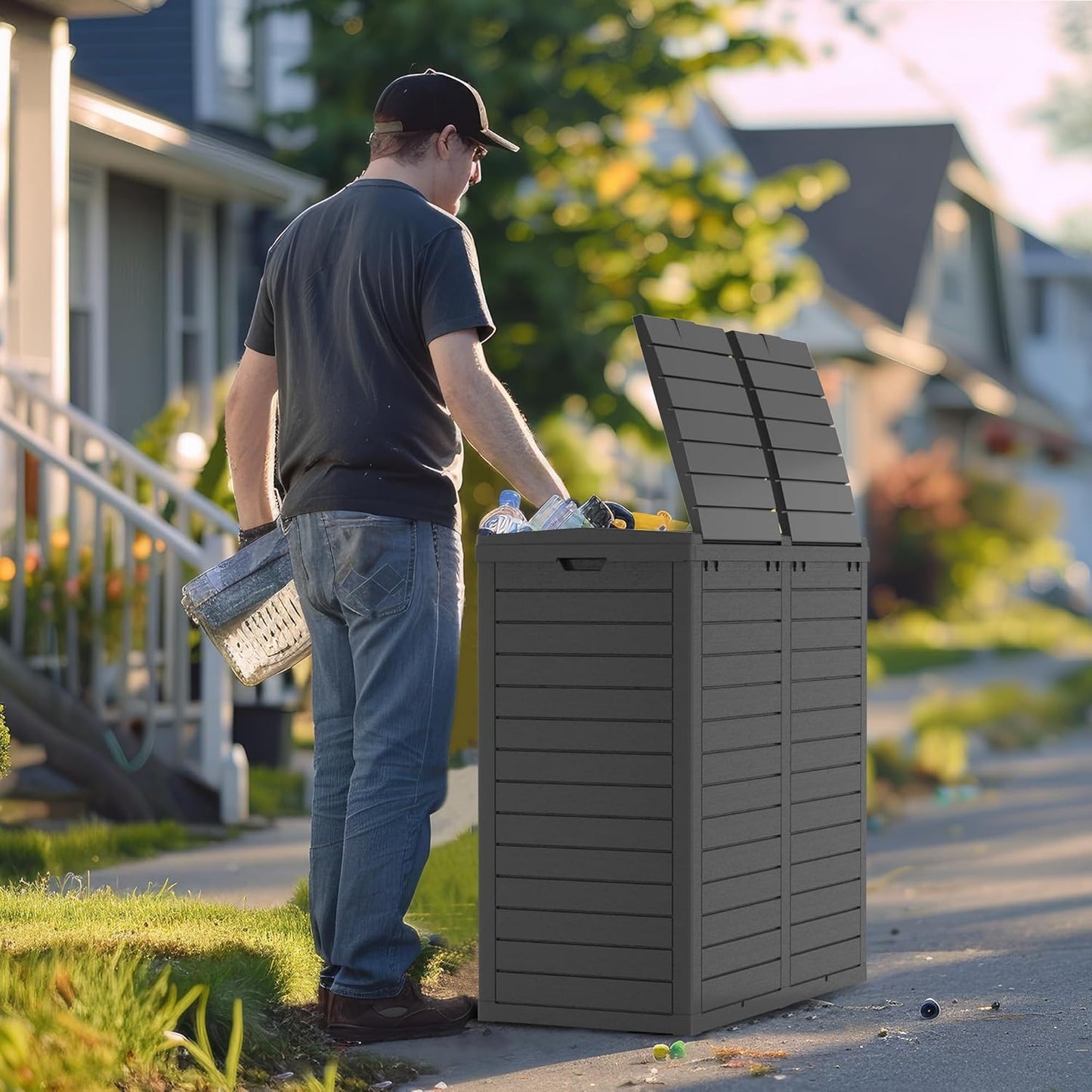 62 Gallon Outdoor Trash Can with Tiered Lid and Drip Tray,Waterproof Resin Waste Bin Indoor,Durable,Stylish,Lightweight Garbage Bin for Patio,Kitchen,Backyard and Office(Black)