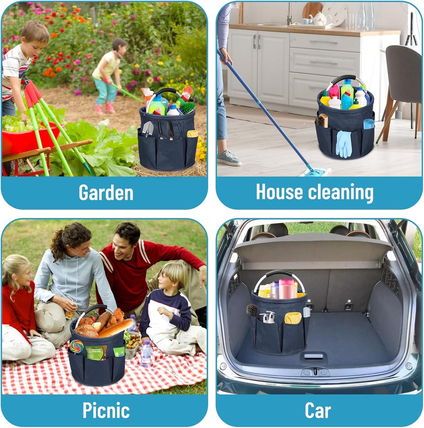 Qivine 17L Cleaning Caddy with Handle, Cleaning Supply Caddy Foldable Tool Bag Cleaning Products Organizers Portable Cleaning Bucket Organiser for Storing Towels(Blue)