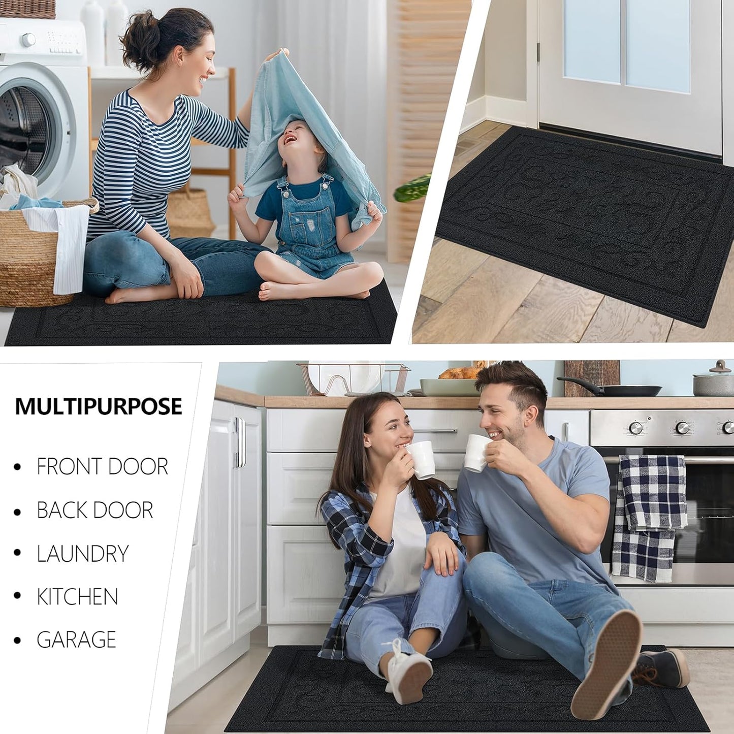 FONEYI Indoor Door Mat 20" x 32", Dirt Trapper Door Mats Non-Slip Entryway Rugs Washable, Absorbent Resist Dirt Welcome Mat, Low Profile Inside Floor Mats for Front Back Door and Entryway, Black