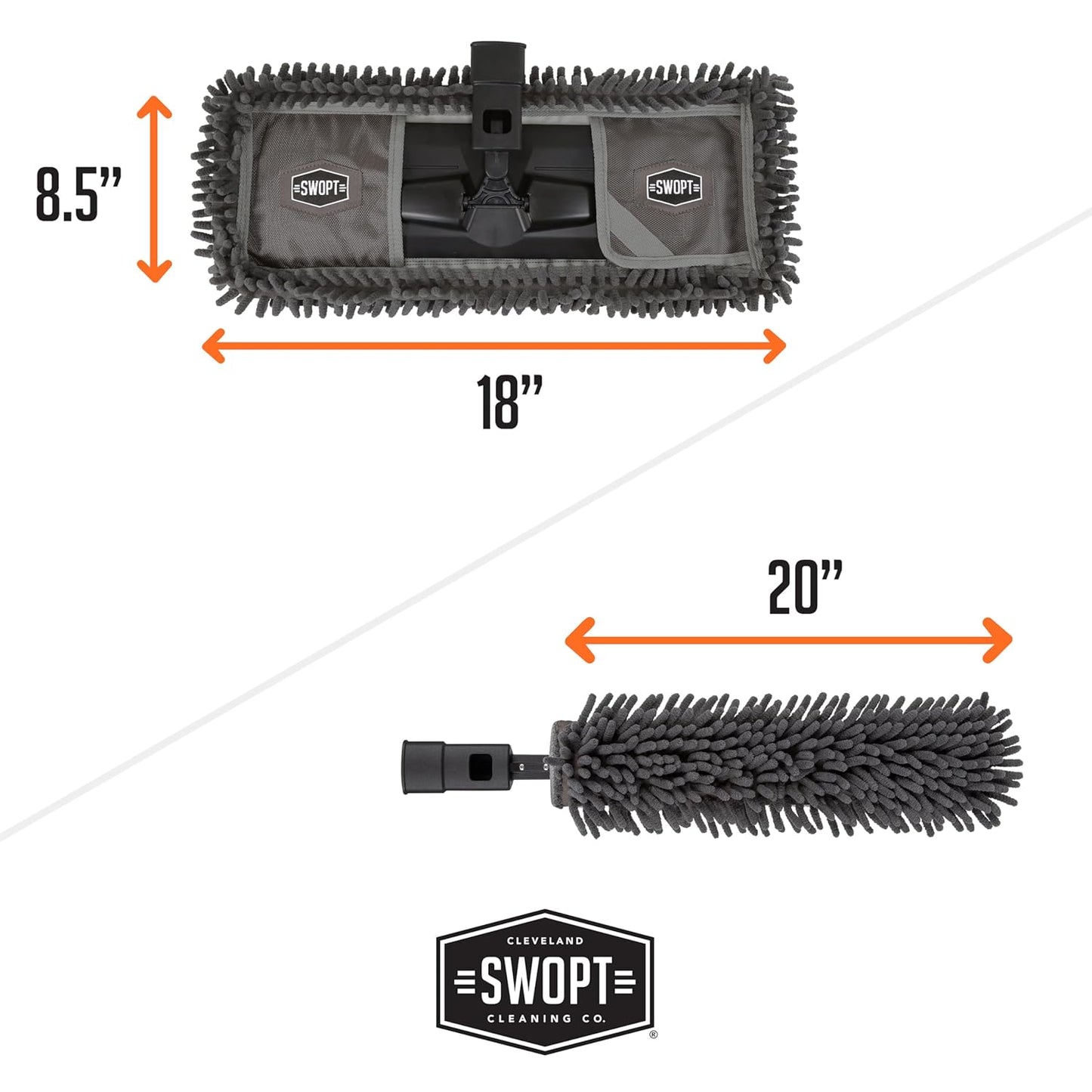SWOPT 18” Microfiber Dust Mop, Microfiber Flexible Duster, Cotton Mop + 60" Steel Handle, Combo — Cleaning Heads With Long Handle Interchangeable With All SWOPT Cleaning Products — Machine Washable