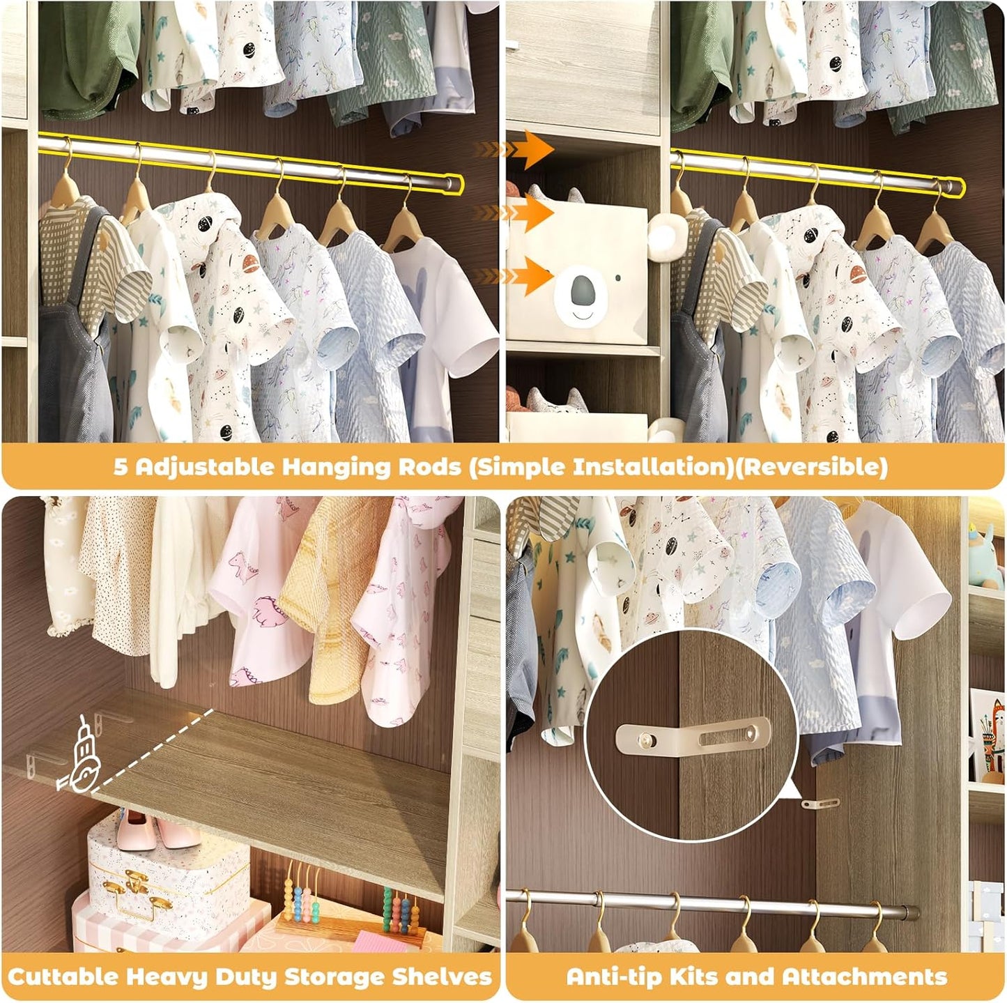 Closet System - 4.75-8FT Closet Organizer System with Wooden Drawers & Cube Storage Organizer, Up To 96" Closet Systems for Nursery & Walk-In Closets with Cuttable Hanging Shelving, Greige Oak