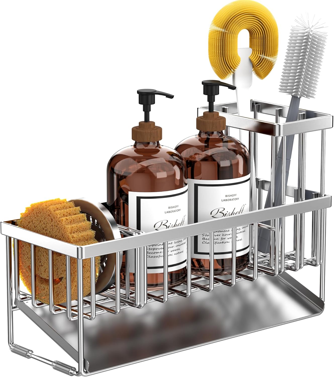 Cisily Extra Large Silver Kitchen Sink Caddy Organzier with High Brush Holder, Sponge Holder for Sink, 304 Rustproof Stainless, Kitchen Countertop Soap Dispenser Organizer For Decor and Accessories