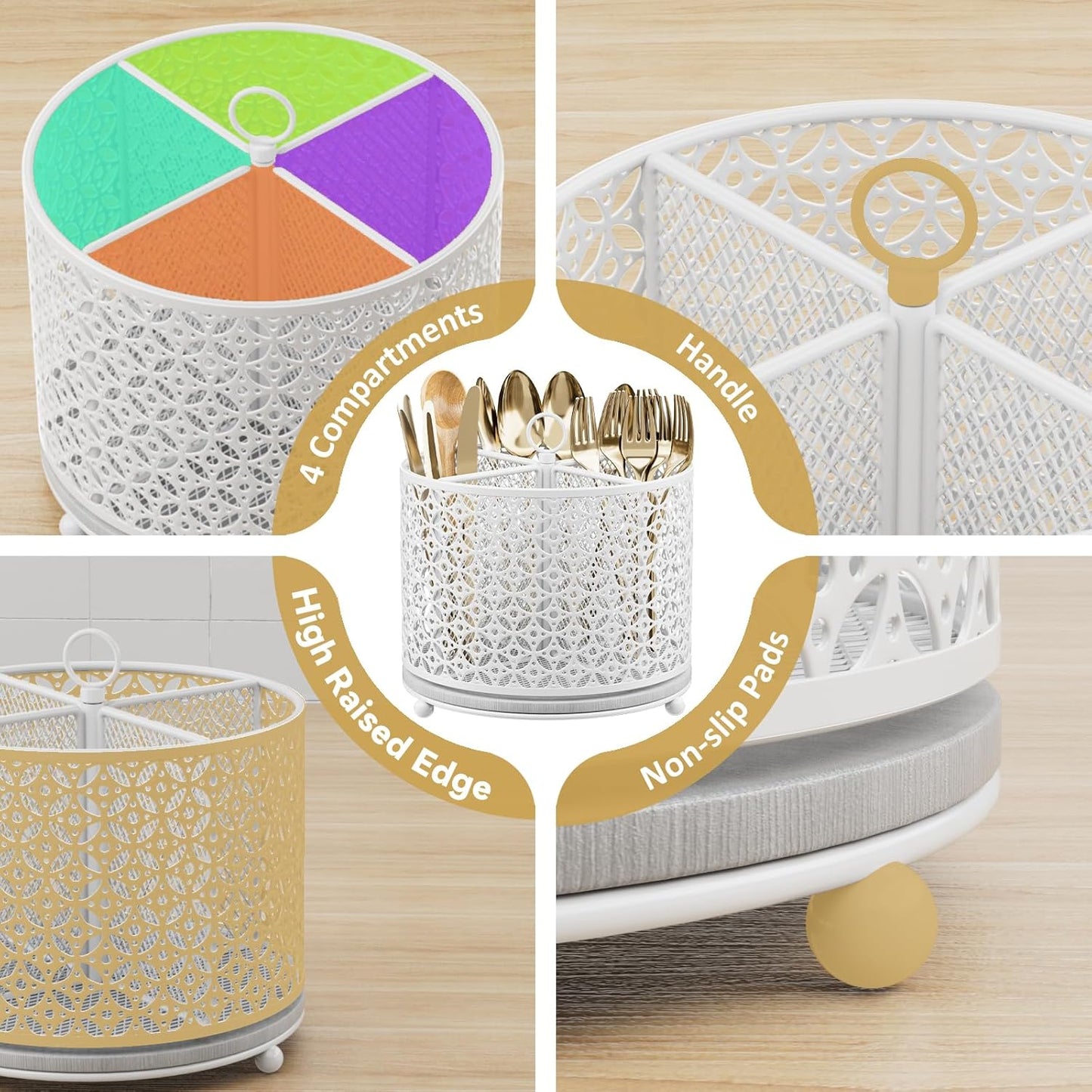 360° Rotating Kitchen Utensil Holder - Fast-Drying Utensils Caddy - 4 Compartment Flatware Silverware Organizer High Raised Cutlery Holder with Handle for Kitchen Countertop Party Picnic Table White