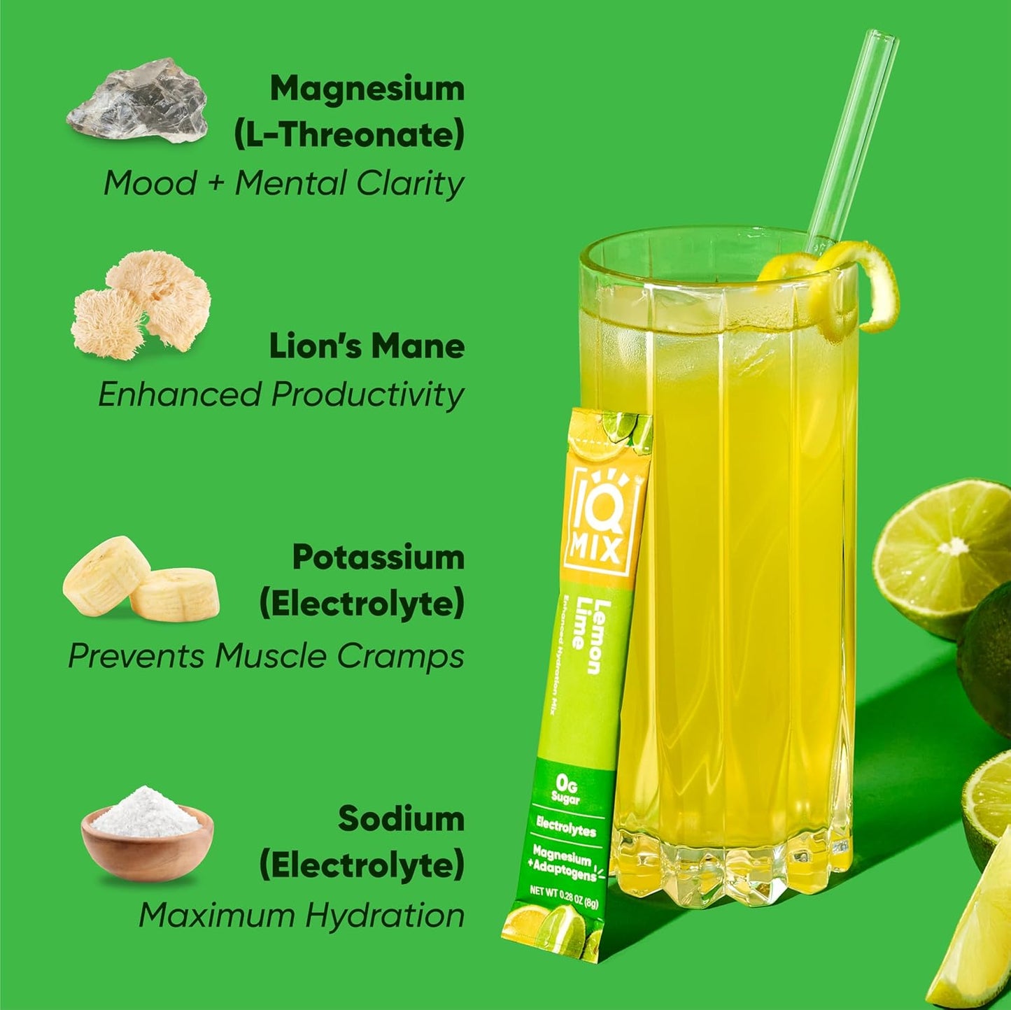 IQMIX Hydration Electrolyte Powder – 4-in-1 Formula for Hydration, Mental Clarity, Mood and Recovery – Sugar-Free Drink Mix, Keto, Magnesium L-Threonate, Lion’s Mane – 40 Count Lemon Lime