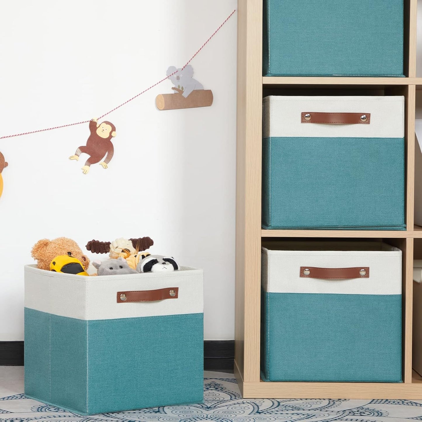 HNZIGE Storage Cubes Bins for Organization Set of 4, Fabric Storage Cube 12 x12, Collapsible Storage Bins Basket Cube with Handles, Canvas for Organizing Shelf Home Nursery(Teal White)