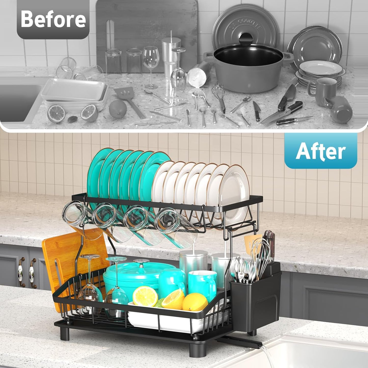 Dish Drying Rack - 2 Tier Large Capacity Dish Rack- Dish Racks for Kitchen Counter with Drainboard, Rustproof Dish Drainer with Removable Utensil Holder,Cutting Board Holder,Cup Holder, Black