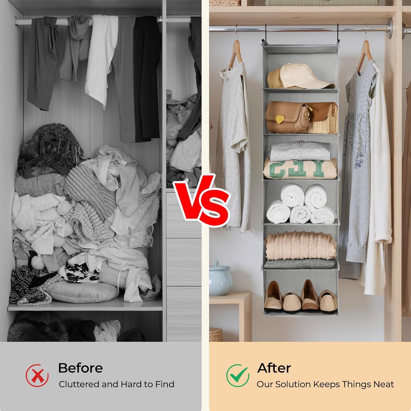 GRANNY SAYS 6 Shelf Hanging Closet Organizers and Storage, Collapsible Closet Hanging Organizer with 2 Sturdy Hooks, Large Hanging Shelves for Kids Baby Clothing Organizer, Ash Gray