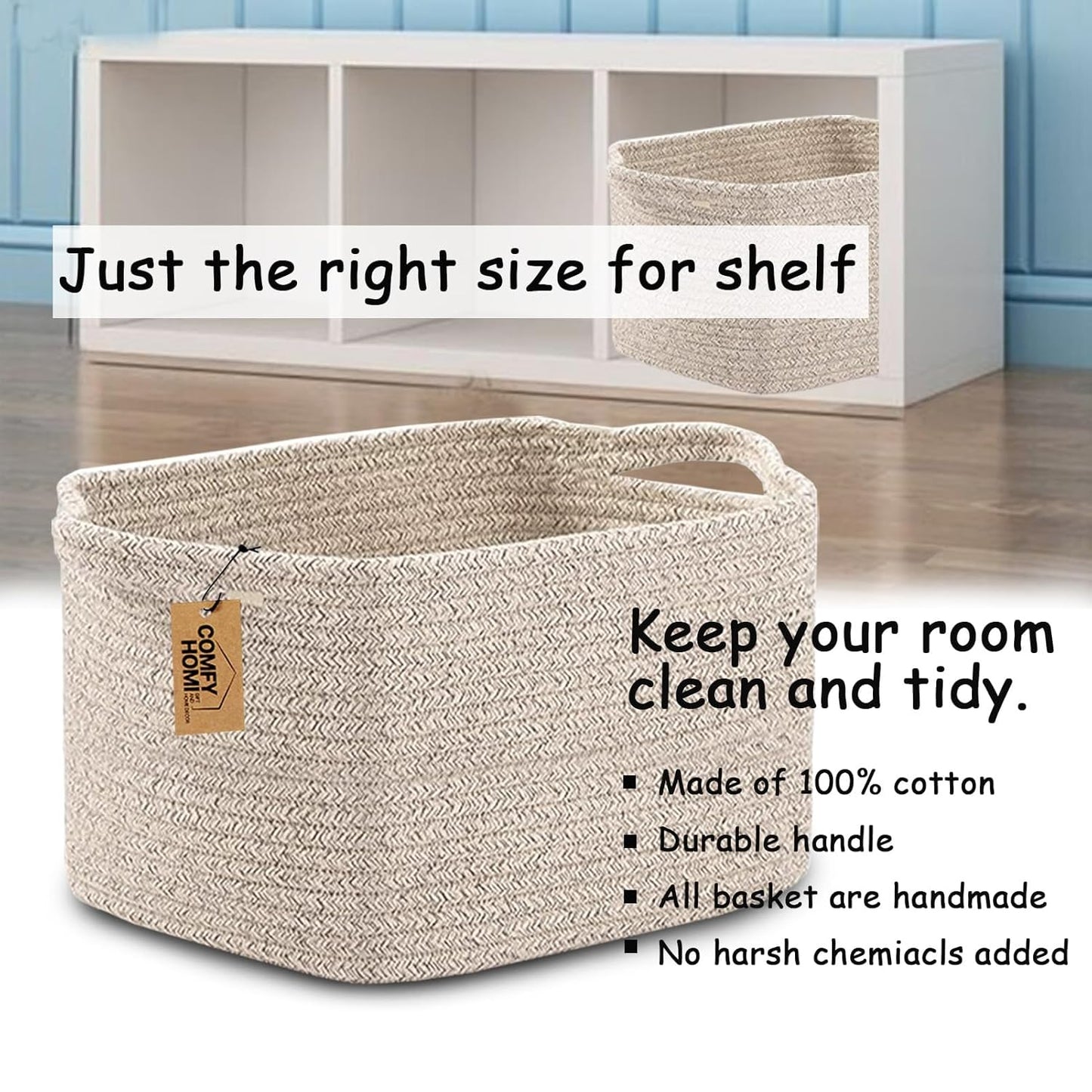 COMFY-HOMI 3PACK Cotton Rope Woven Basket With Handles for Shelves, Toy, Book, Cloth Storage Basket for Organizing|13.5" x 11" x 9.5" Decorative Nursery Cube Bin for Living Room(all brown)