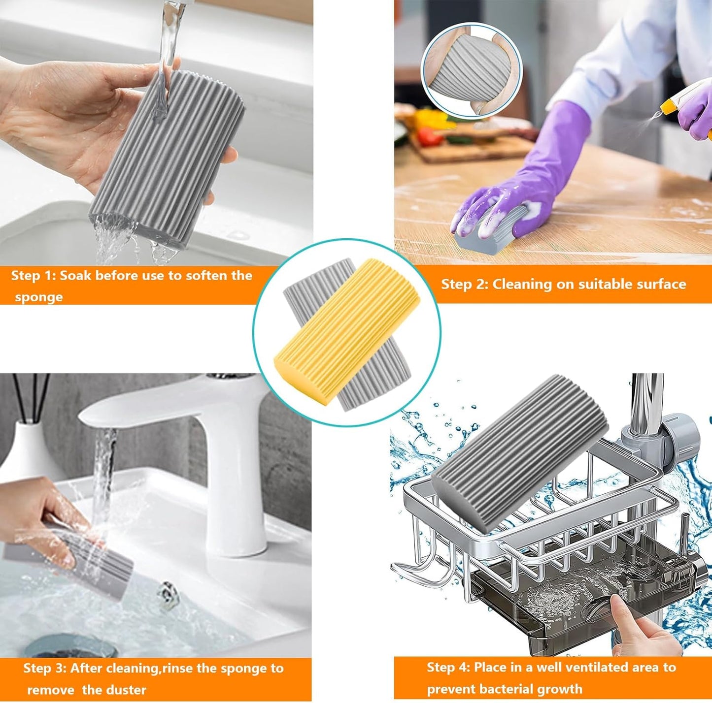 6-Pack Damp Clean Duster Sponge,Magic Sponge Eraser for Housekeeping,Reusable Cleaning Sponge for Blinds,Vents,Mirrors,Glass, Baseboards,Window Track Grooves and Railings (Yellow)