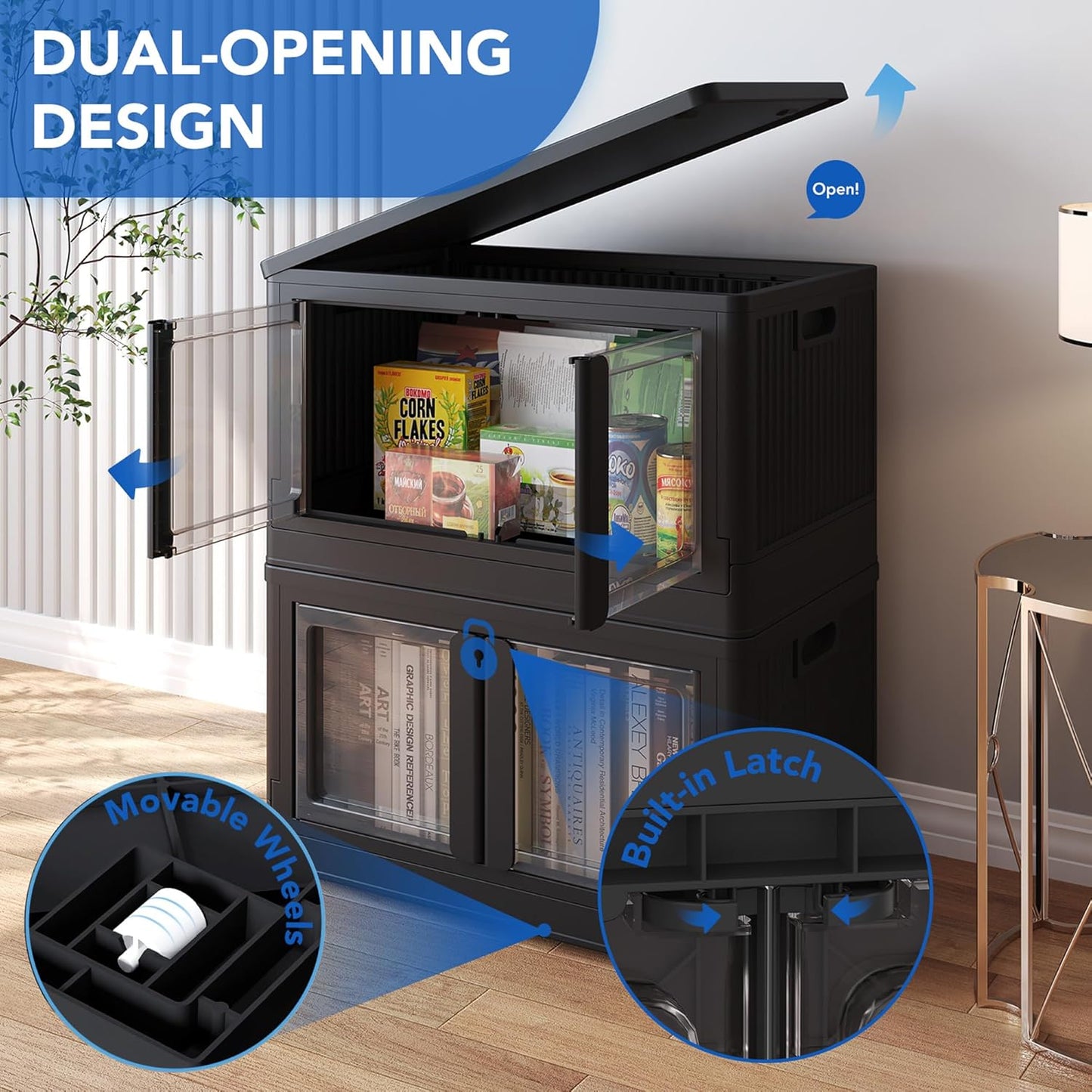 FLEXIMOUNTS 228 QT Stackable Storage Bins With Lids, Collapsible Plastic Storage Bins With Doors and Built-in Wheels For Home Dorm Closet Organizers and Storage, 3 Pack Cubes, Black