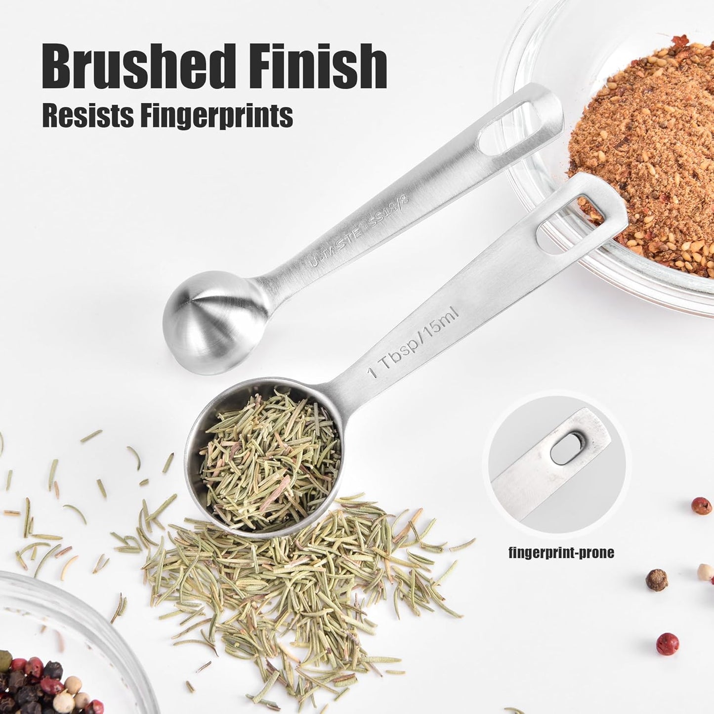 Doosu Measuring Spoons Set of 5-18/8 Stainless Steel Heavy Duty Teaspoons Tablespoons with Engraved Metric & US Measurements, Metal Measure Spoon for Dry and Liquid Ingredients, Dishwasher Safe