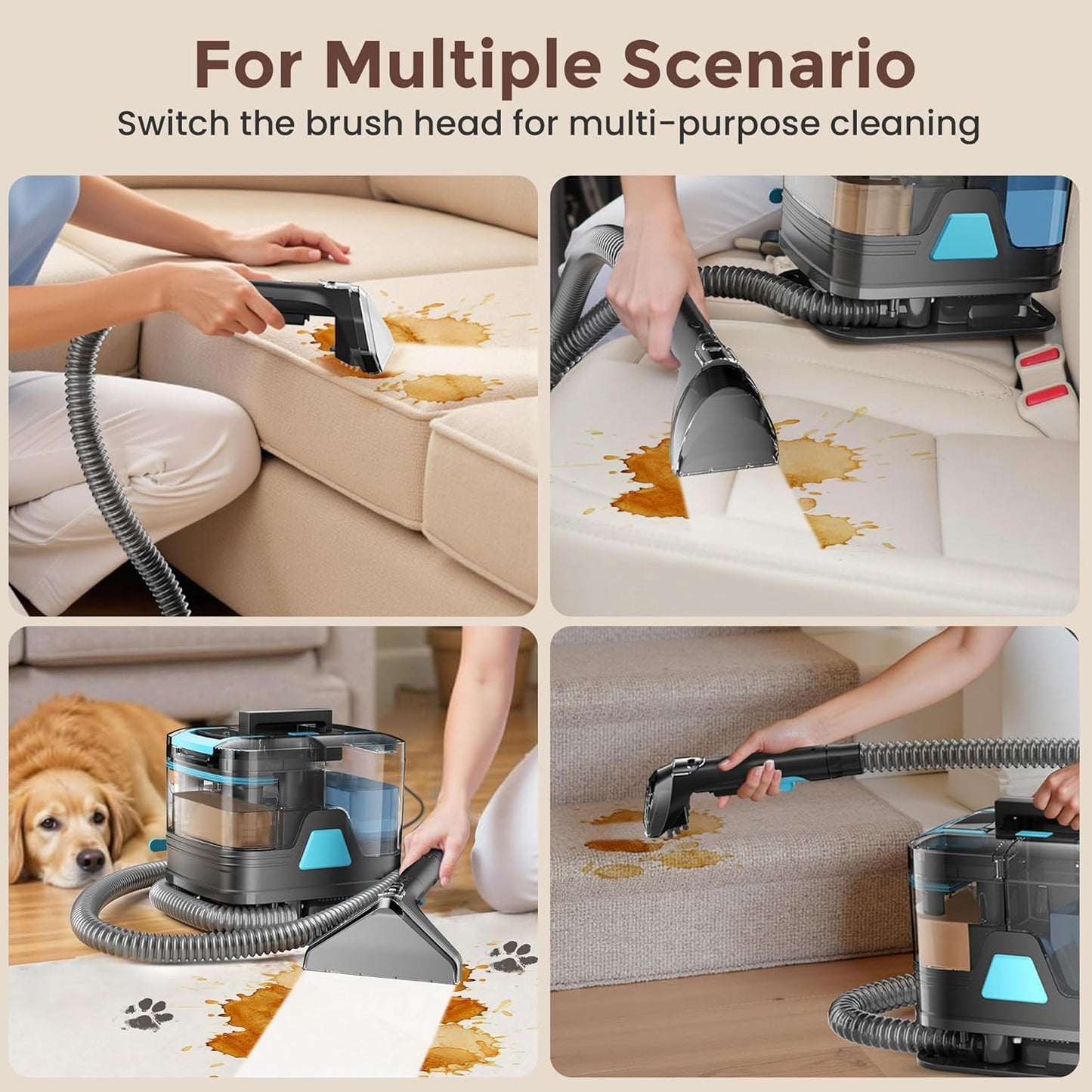 DEVOAC C8 Portable Carpet Upholstery Spot Cleaner Machine with Versatile Tools, Self-Cleaning, 18Kpa Powerful Suction, Pet Stain Remover, Car and Auto Detailer (Cyan)