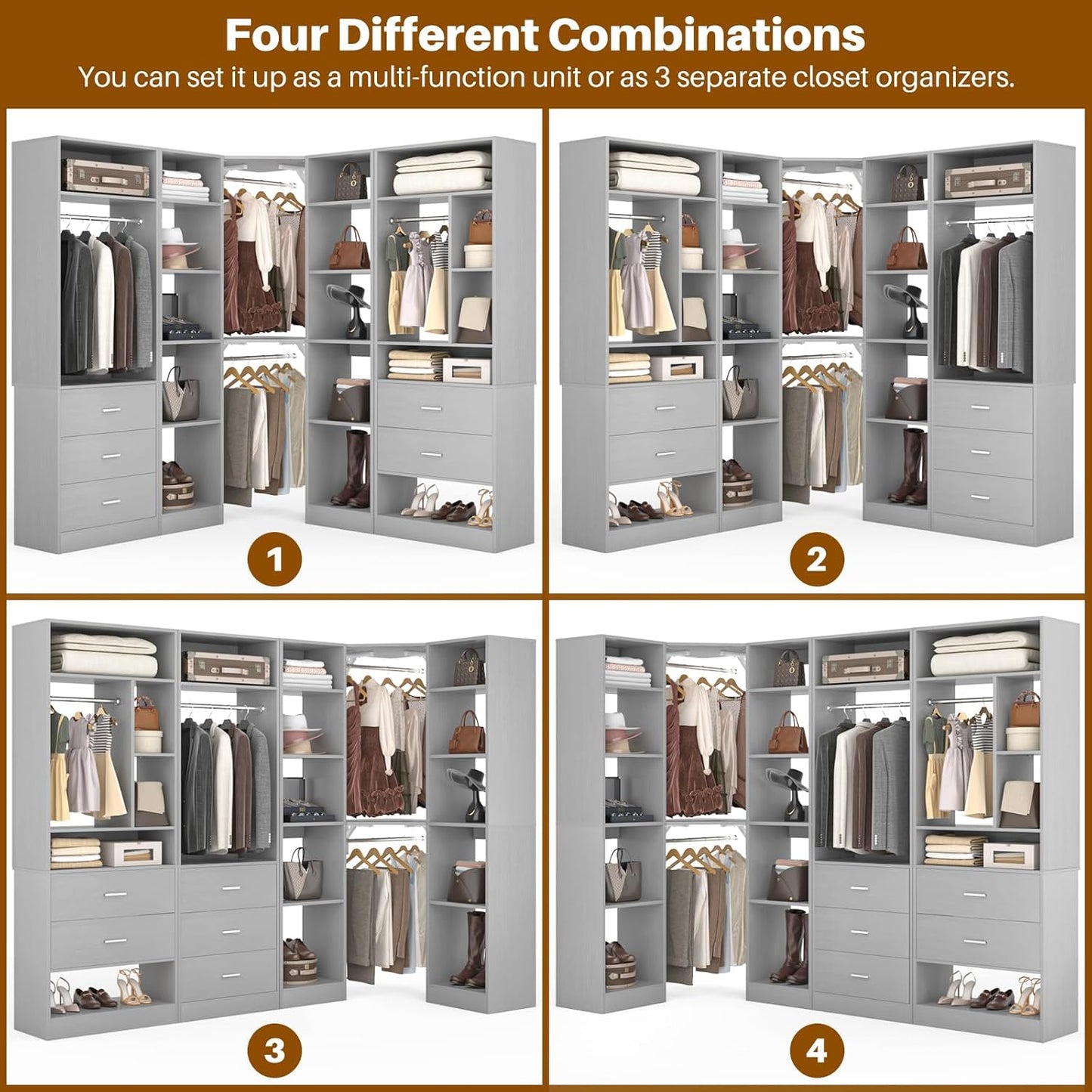 Corner Closet System with 5 Drawers, Closet Organizer System with 15+Shelvess & 4 Hanging Rods, 63.2"L * 63.2"W / 87.2"L * 39.2"W Reversible L Shaped Walk-in Closets, Load 2500+LBS, Grey