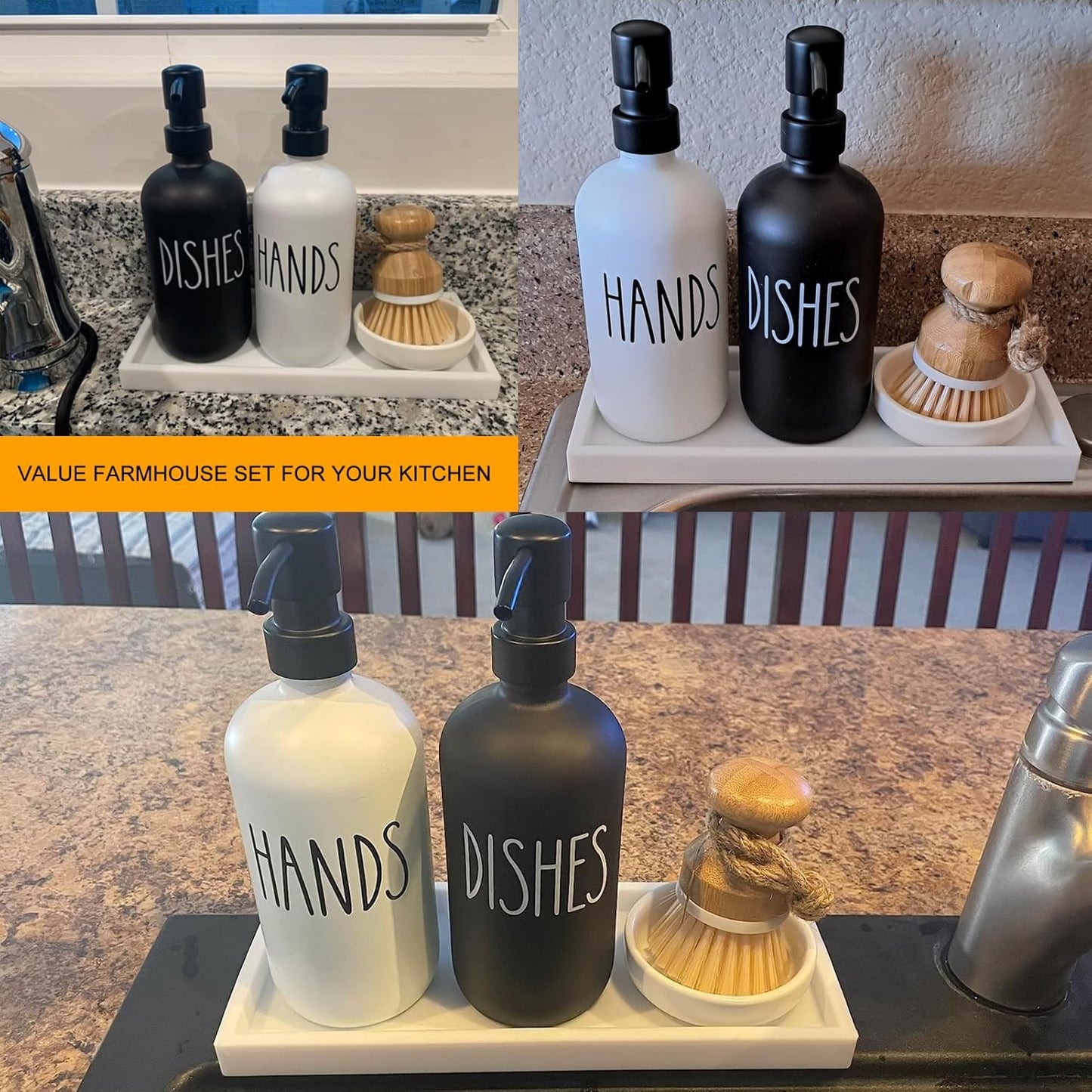 Glass Soap Dispenser for Kitchen, Farmhouse Dish Soap Dispenser&Hand Soap Dispenser Set,Rustproof Pump Soap Lotion Dispenser Set with Tray and Dish Brush,Kitchen Decor(Black&White)