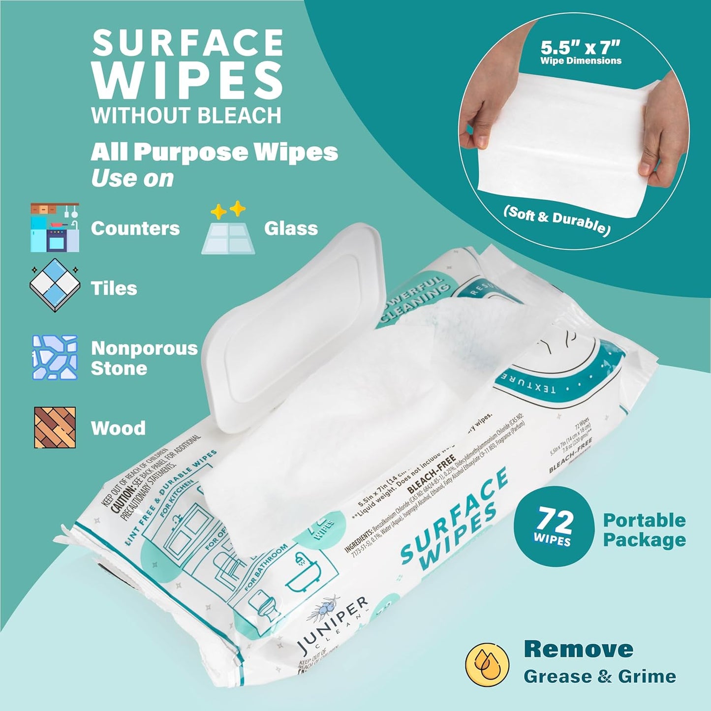 6 Pack Surface Cleaning Wipes Bleach Free, All-Purpose Cleaner for Bathroom, Kitchen, Office, 72 Count Soft Flow, Fresh Scent, Lint Free & Durable