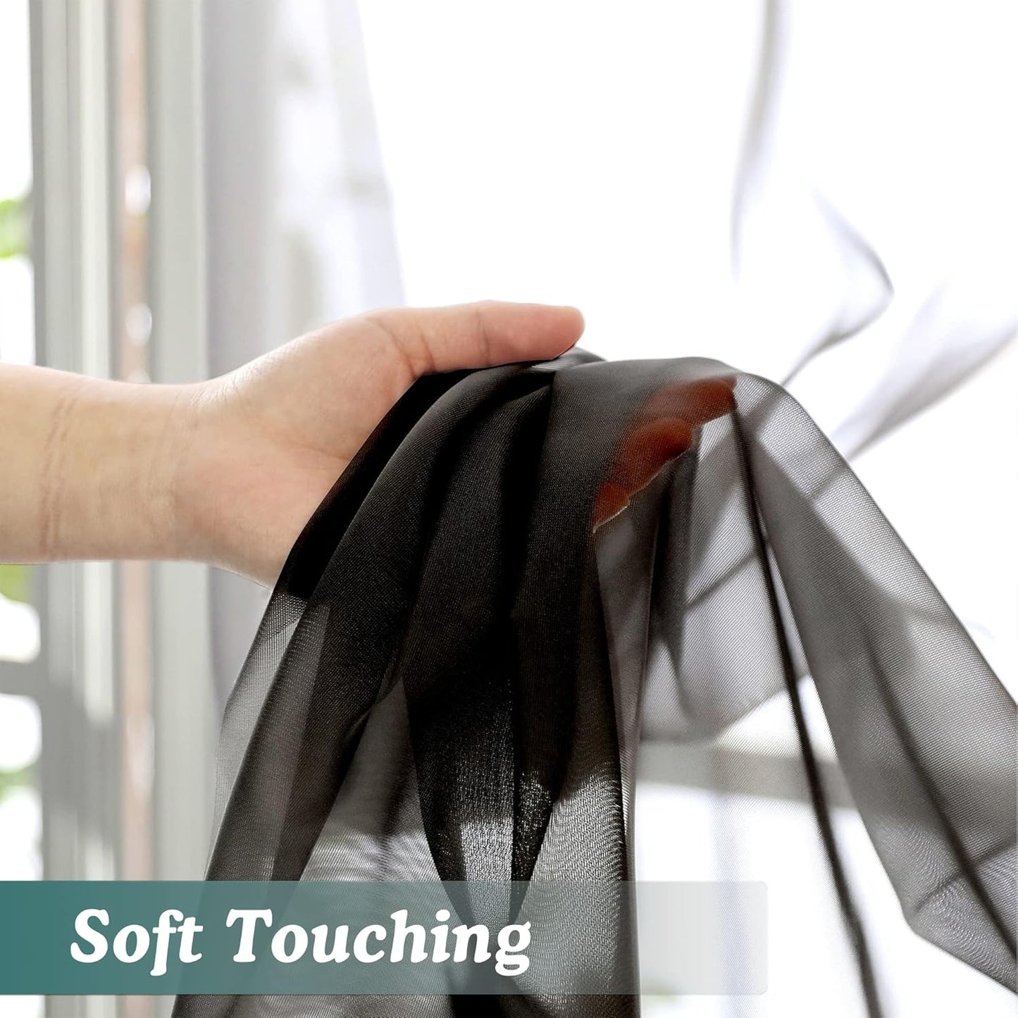 Chyhomenyc Black Sheer Window Curtain Panels 63 Inches Length, 2 Pieces, Voile Top Dual Rod Pockets Light Filtering Airy Trendy Drapes Window Treatment for Living Room/Bedroom, 42Wx63L