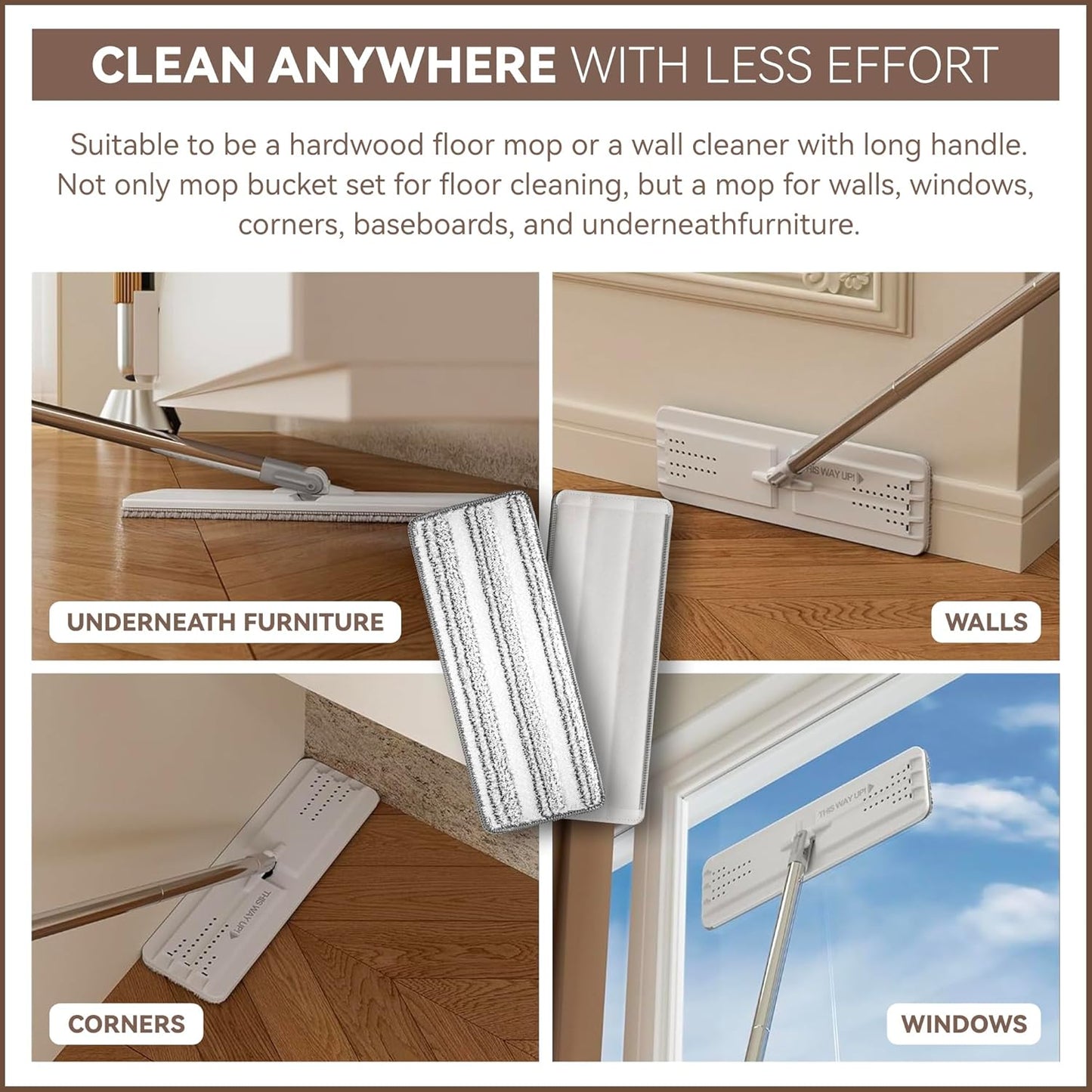 Microfiber Flat Mop Pads, 13-Inch Washable and Reusable Refills, 6-Pack Replacement for Wet and Dry Floor Cleaning, Compatible with 11-13" Hook and Loop (Velcro) Flat Mops