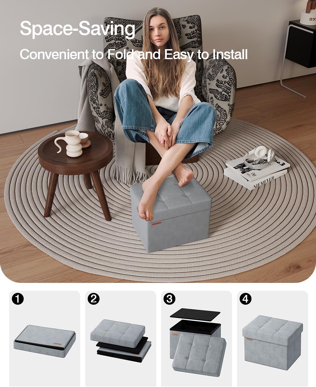 Folding Storage Ottoman, Velvet Storage Bench, Footrest, Foot Stool, for Living Room, Bedroom and Office,12.2 x 16.1 x 12.2 Inches, 200 kg Load Capacity, Dove Gray UASND03G