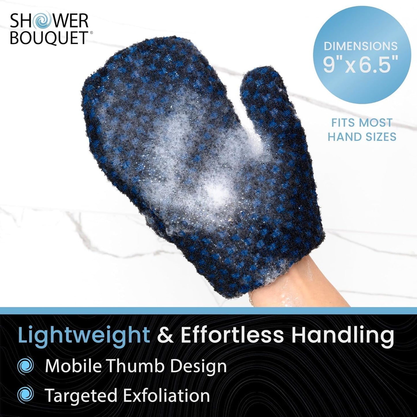 Japanese Exfoliating Mitt 2-Pack - Charcoal & Silver Ion Exfoliating Gloves for Shower - Soft Inner Fabric Gentle Exfoliation & Deep Cleansing Body Scrub Gloves for All Skin Types - 1 White, 1 Blue