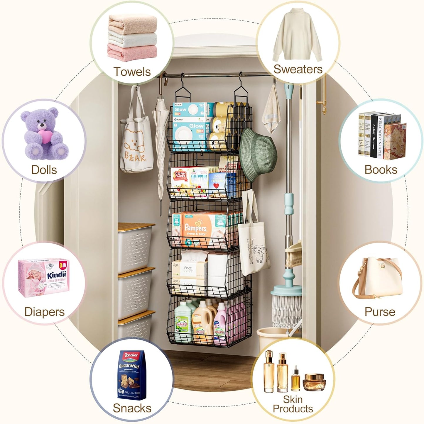 Deeper 4'' Design 5 Tier Foldable Hanging Closet Organizer and Storage,Wire Cabinet Shelves and Rack with 5 S Hooks,Stackable Metal Basket Bins for Clothes Shoe Purse,Holder for Wardrobe Dorm,Black