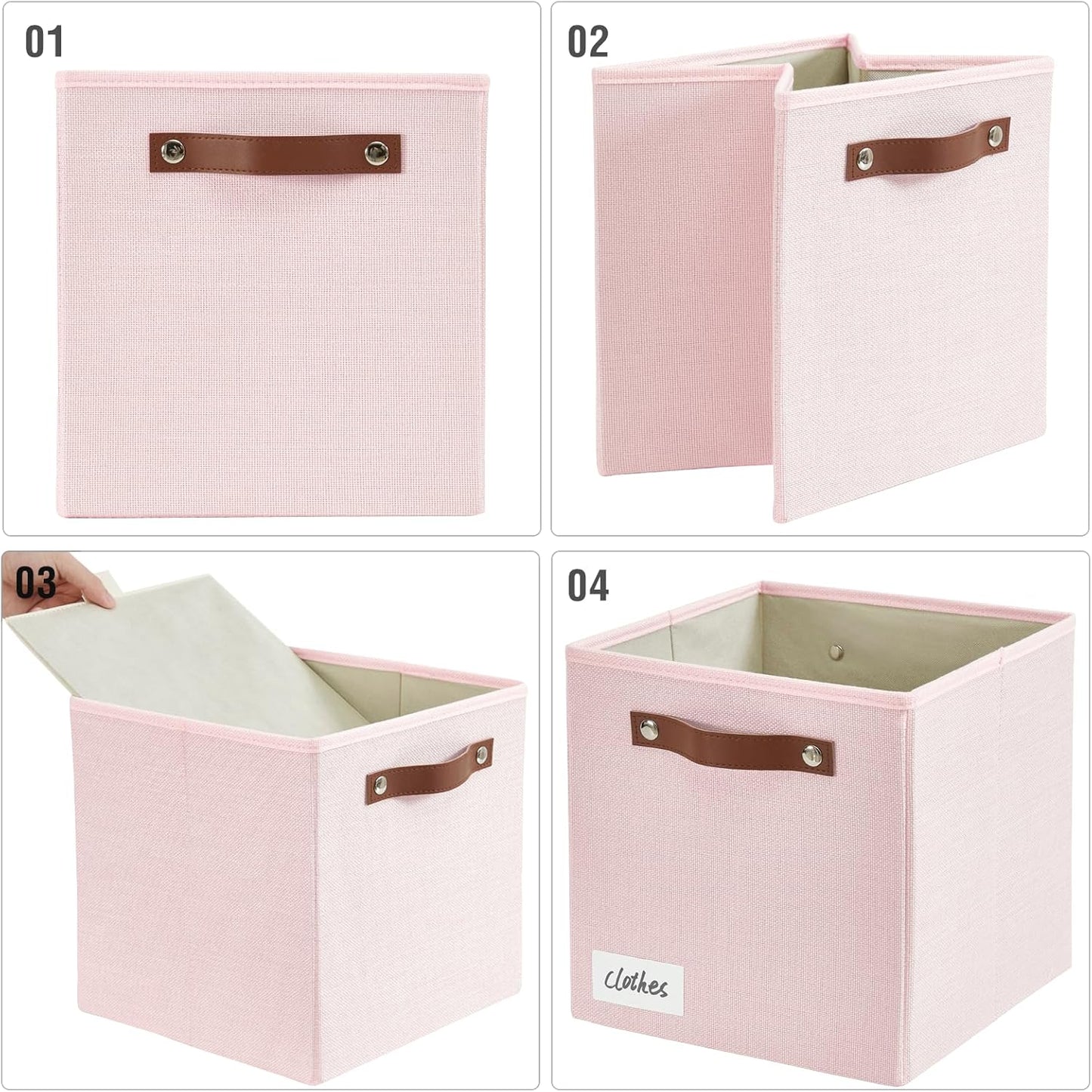 Collapsible Fabric Storage Cube Bins with 2 Reinforced PU Handles, Foldable Storage Organizer Baskets for Closet, Shelves, Living Room | 11"x11"x11", 4 Pack, Full Pink