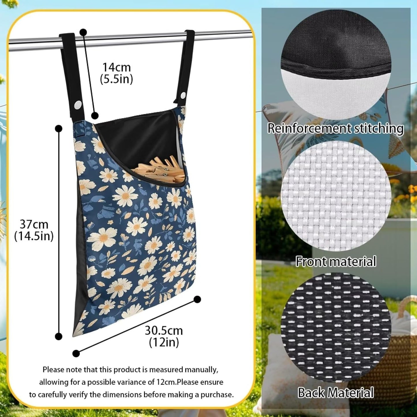 Clothes Pin Hanging Bag with Big Opening Storage Clothes Pins & Mini Clothespins, Hanging Laundry Bag Fits Retractable Clothes Line Outdoors - Daisy Print