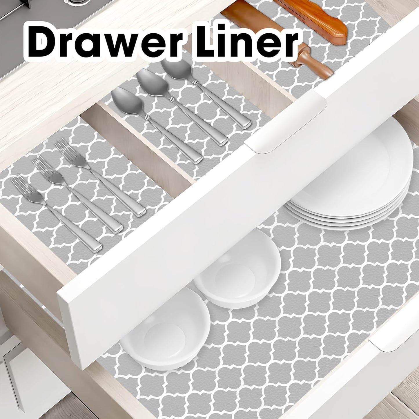 Drawer and Shelf Liner for Kitchen Cabinets Non-Adhesive, Non-Slip Cabinet Liner Shelf Paper Strong Grip Waterproof Easy to Clean for Kitchen Shelves Cupboard, Gray Lantern,17.5IN X 10FT