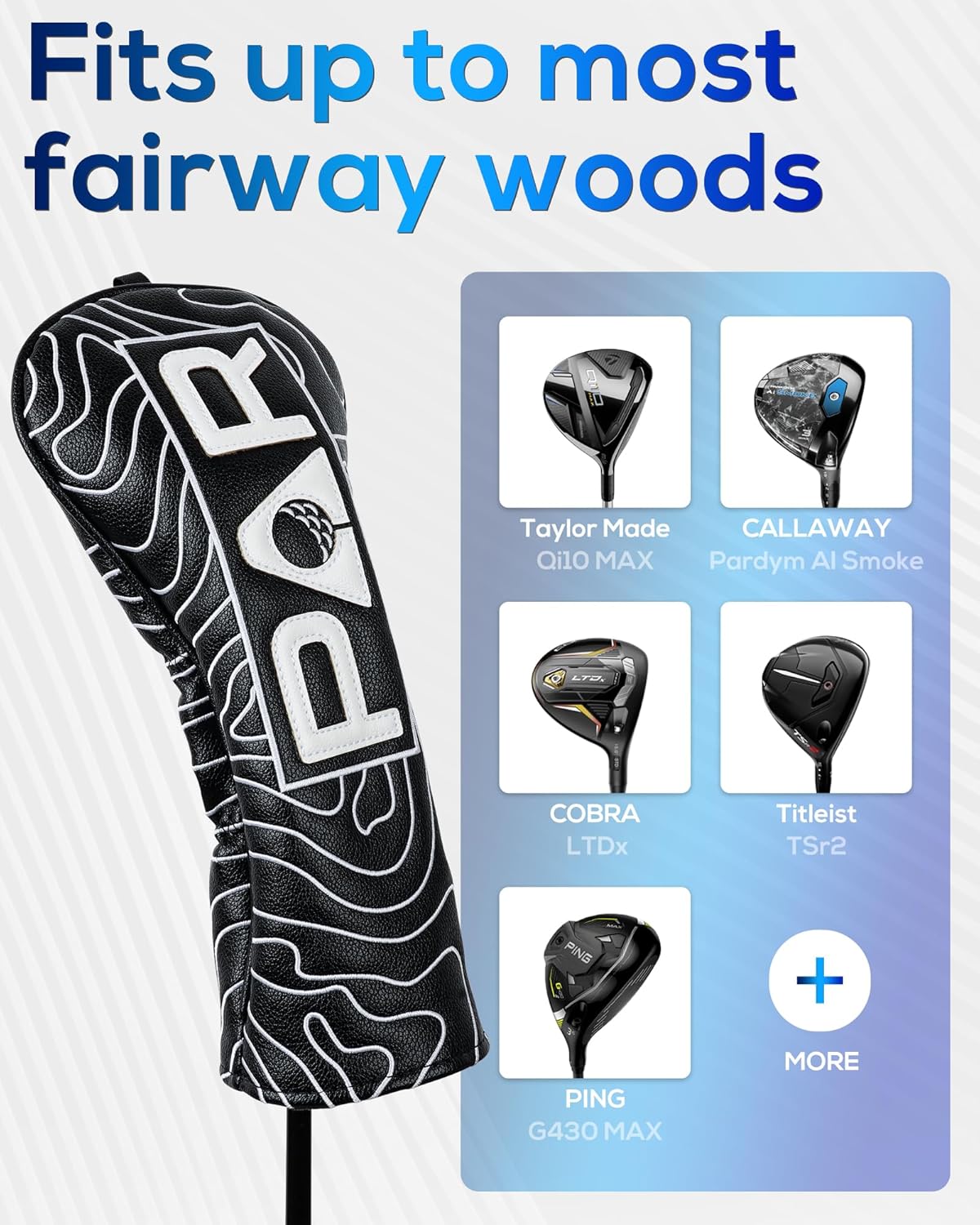 Big Teeth Golf Club Covers Full Set Driver Headcover Fairway Wood Hybrid Golf Club Iron Head Covers, Topographic Edition Putter Cover Leather Golf Head Covers Pure Black, Gifts for Men