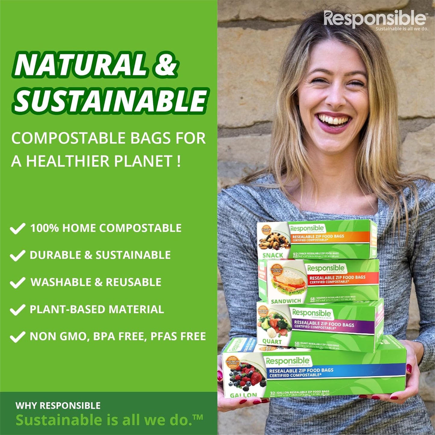 Certified Compostable Large GALLON Resealable Zip Bag, Extra Strength Food Bags, Made from Plant Materials (64 Pack)