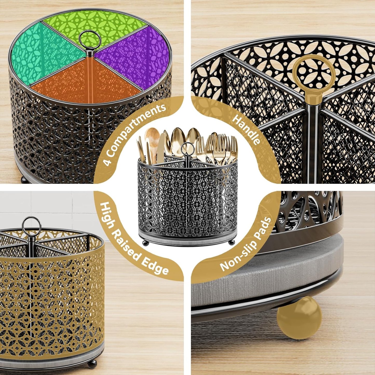 360° Rotating Utensil Holder Caddy - Fast-Drying Silverware Flatware Organizer - 4 Compartment Large Cutlery Holder with Handle For Kitchen Countertop Party Office Picnic Table Black