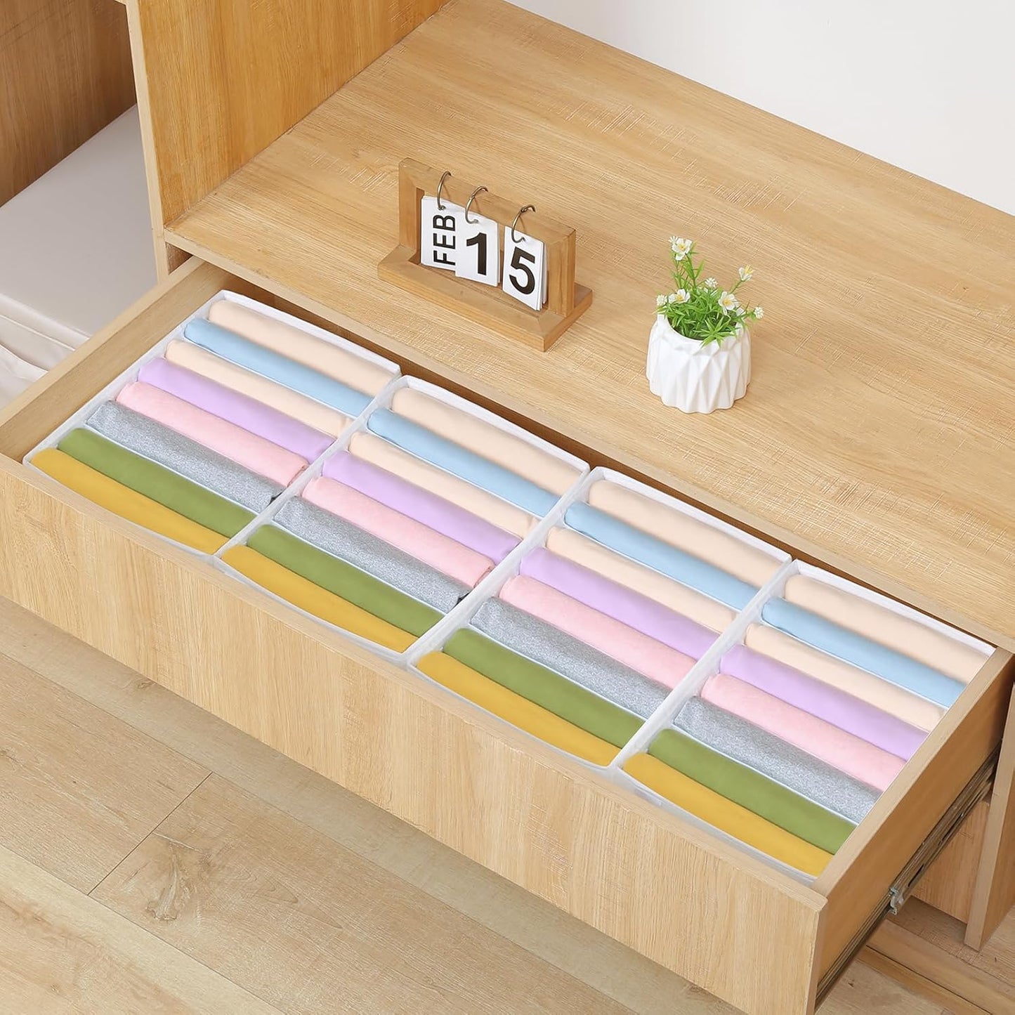 4 Packs T-shirt Drawer Organizers for Clothing,8 Grids Compartment Wardrobe Storage Box, Washable Clothes Organizer for Folded Clothes, T-shirt, Legging, Silk Scarve-White