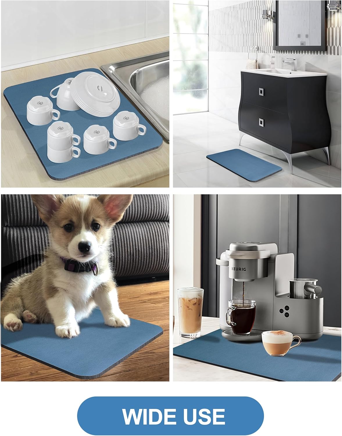 Dish Drying Mat for Kitchen Counter, 16"x24" Dish Drying Pad with Non-slip Rubber Backed, Hide Stain Anti Absorbent for Kitchen Counter, Drying Mat for Coffee Machine Dish Rack (Blue)