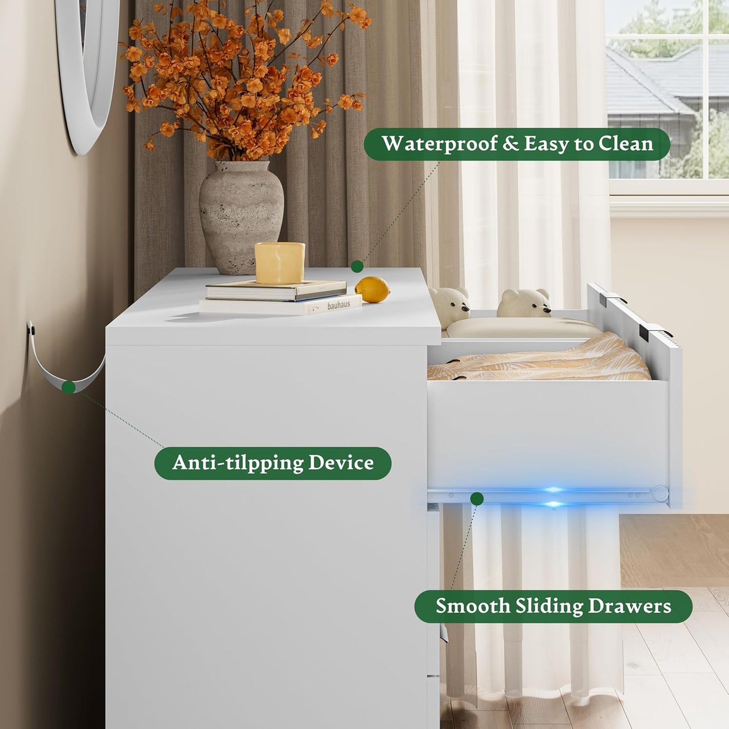 Fluted Dresser with 8 Drawers, 54" Wide Modern Chest of Drawers with Metal Handle, Wooden Dresser TV Stand, Wood Closet Clothes Storage Organizer for Bedroom, Living Room, Hallway, Solid White