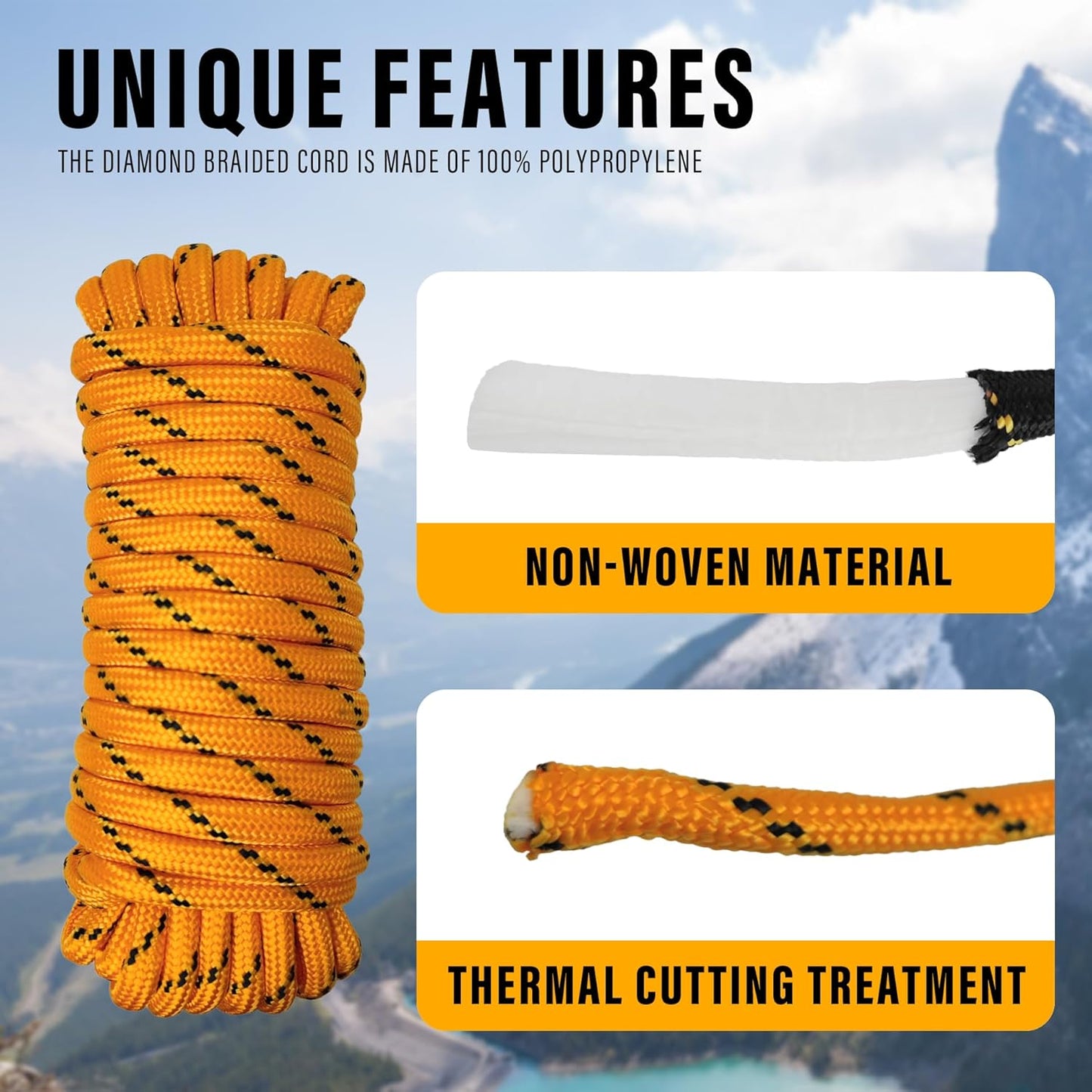 Diamond Braided Polypropylene Rope Nylon Rope Mix Thick Heavy Duty Ropes 3/8'' 50ft High Strength Perfect for Clothesrope Camping Hiking and Other Outdoor Activities Orange