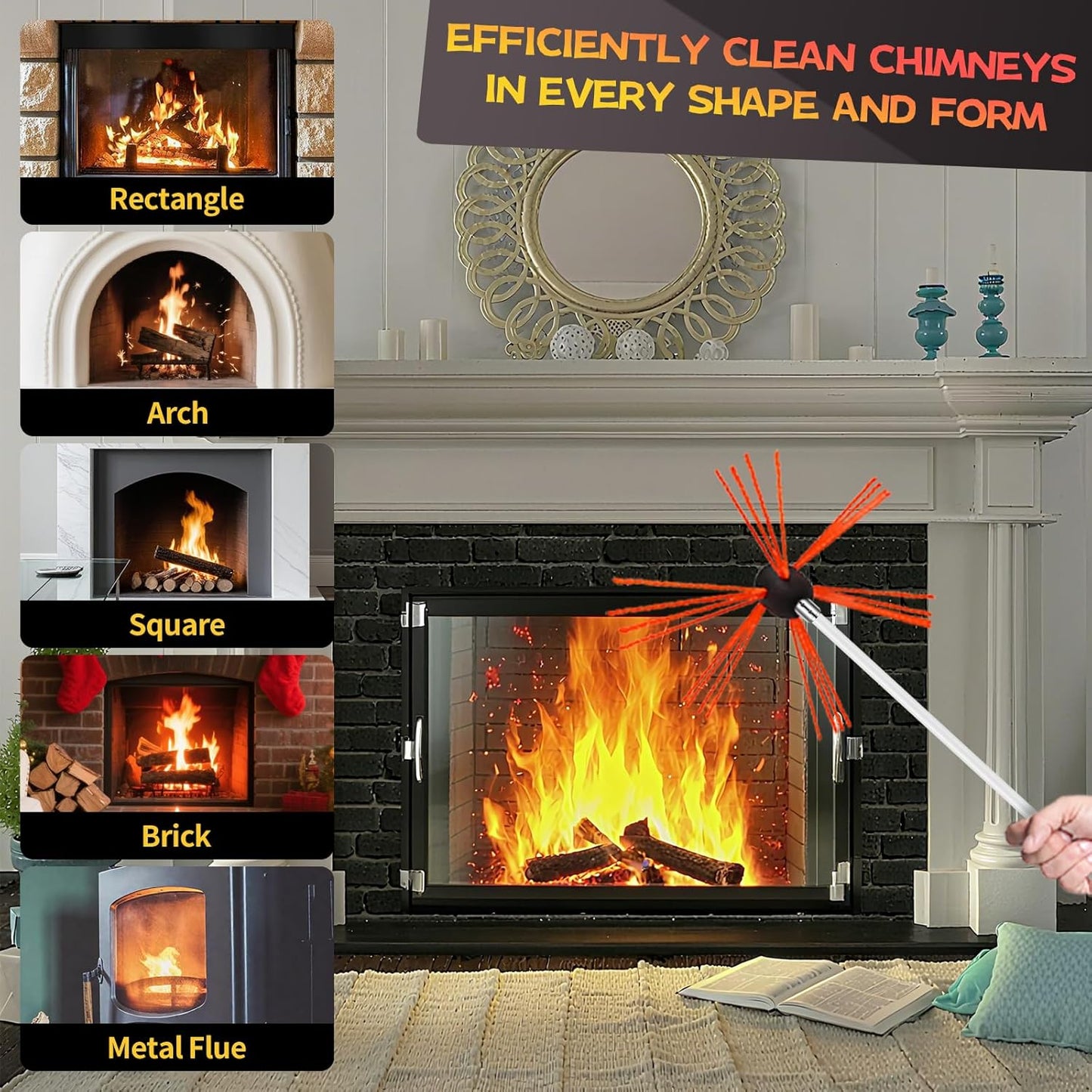39 Feet Chimney Sweep Kit, Chimney Cleaning Kit with 12 Flexible White Chimney Rods, Chimney Brush for Sweeping Fireplace, Rotary Chimney Cleaning System Driven by Drill