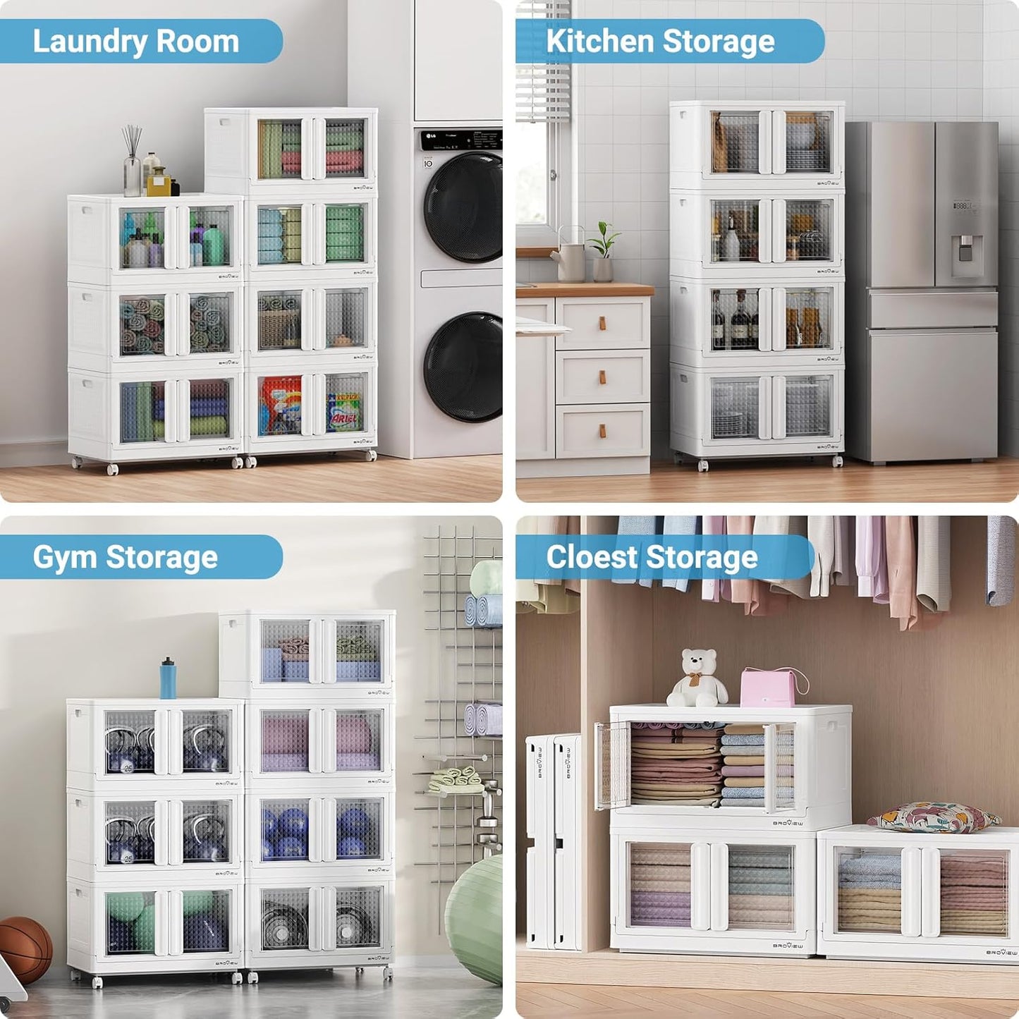 BROVIEW 300Qt Stackable Storage Bins with Lids, 75Gal Closet Organizers and Storage Drawer, Plastic Collapsible Storage Bins with Doors, Heavy Duty Store Box Cabinet for Home Kitchen, 3Pack White