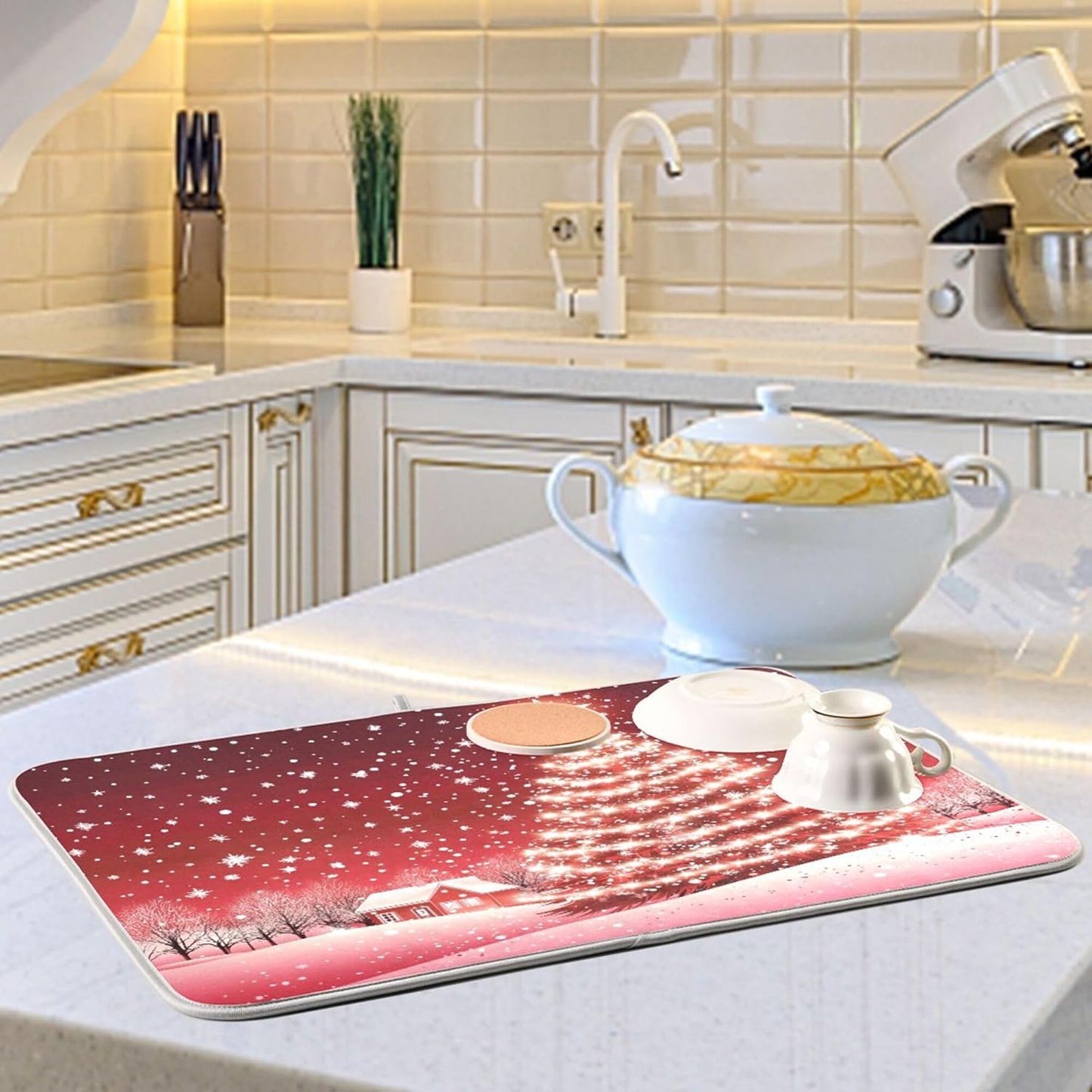 Christmas Tree Red Dish Drying Mat for Kitchen Countertop 18x24 Winter Snow Cabin Xmas Large Drying Mat Reusable Quick Dry Dish Sink Mats Easy Clean Decorative Essentials