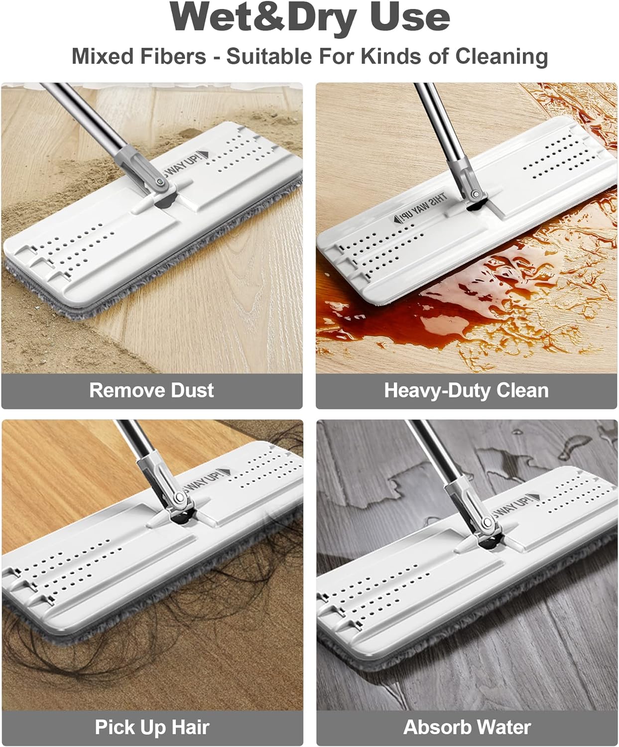 JOYMOOP Flat Mop Pads, Microfiber Mop Cleaning Pads, Washable Pads, Pads Replacement Flat Mop or Mop Bucket Set, Pack of 4 Refills 15inch - Grey and Stripe