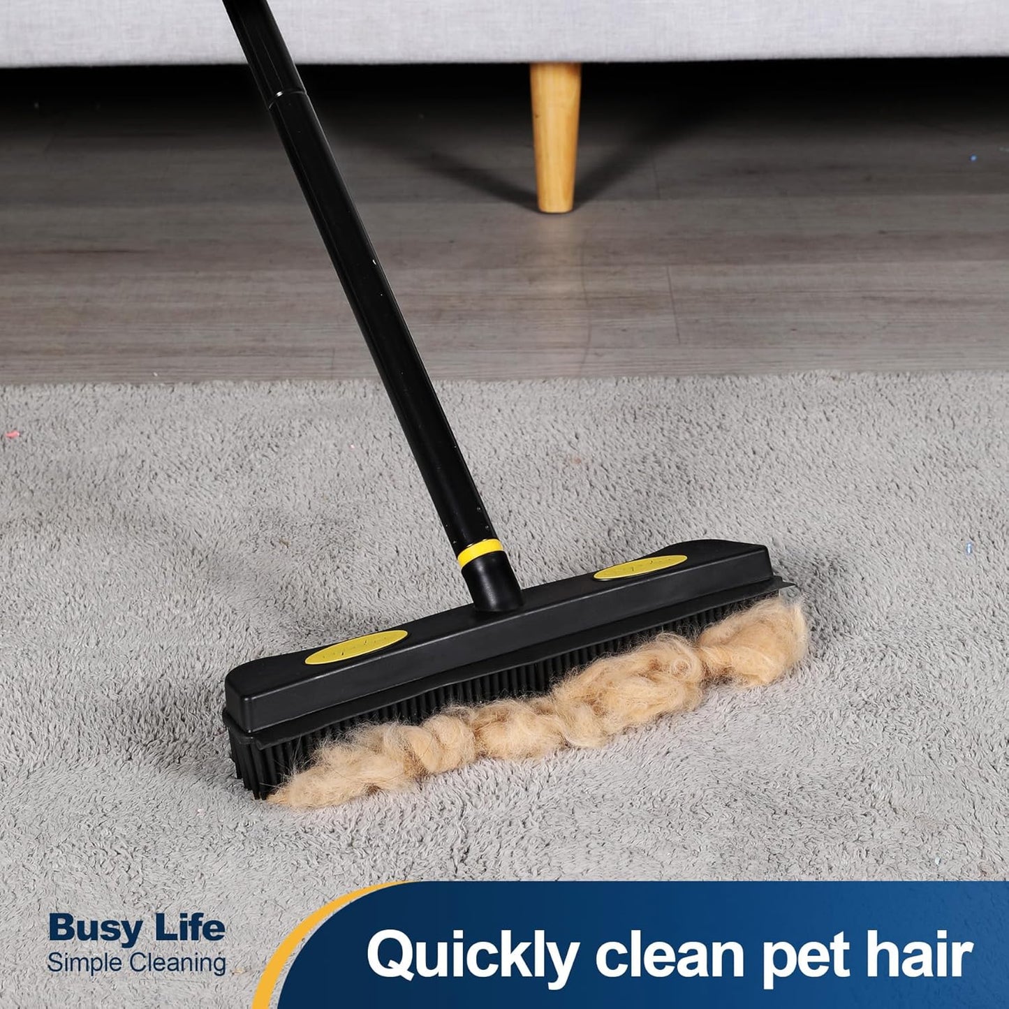 Yocada Pet Hair Removal Rubber Broom 2 in 1 Floor Brush with Squeegee Carpet Rake 57.5" Long Handle Fur Broom for Carpet Hardwood Floor Tile