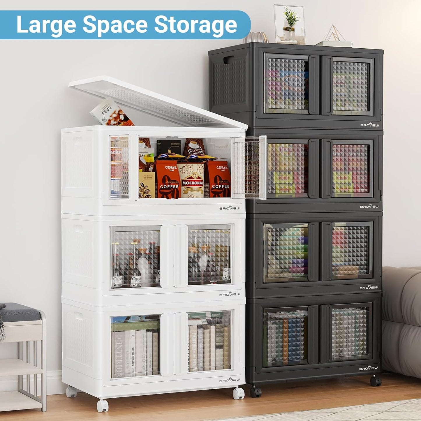 BROVIEW 300Qt Stackable Storage Bins with Lids, 75Gal Closet Organizers and Storage Drawer, Plastic Collapsible Storage Bins with Doors, Heavy Duty Store Box Cabinet for Home Kitchen, 3Pack Black