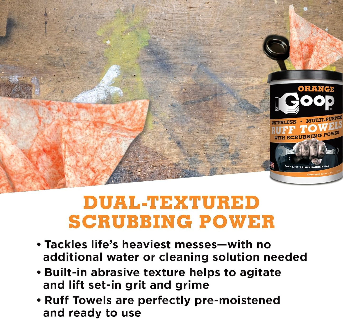GOOP Orange Heavy Duty Ruff Towels with Scrubbing Power, 10ā x 12ā Dual Textured Multi-Purpose Cleaning Wipes, Removes Dirt, Grease, Oil, 72 Count (Pack of 2)