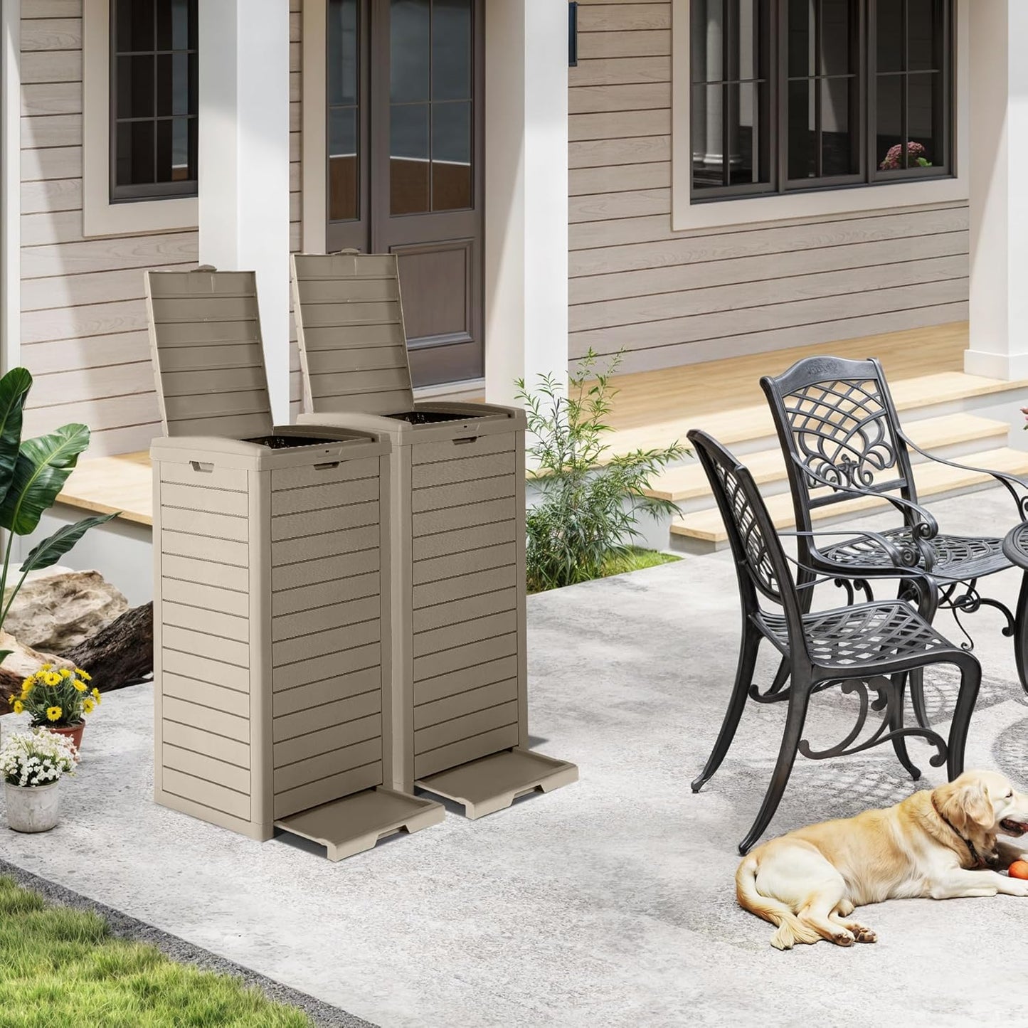 DWVO 38 Gallon Large Outdoor Trash Can, Waterproof Resin Hideaway Garbage Bin with Lid and Drip Tray, Outside Trash Bin for Porch, Backyard, Deck, Patio, Poolside, Easy to Clean, Taupe