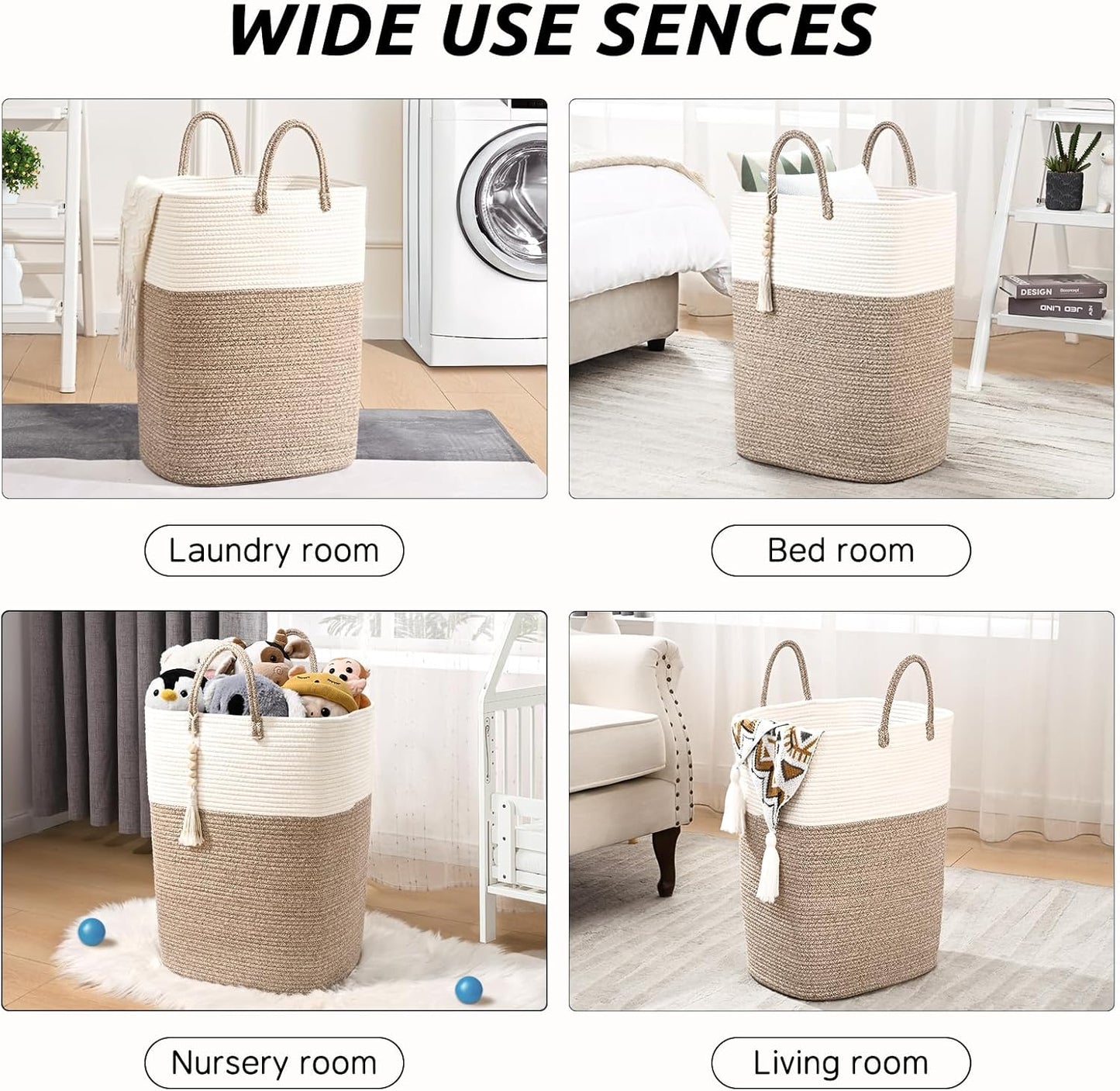 65L Woven Laundry Basket for Clothes, Large Rectangle Laundry Hampers with Beads Tassel, Nursery Storage Basket for Toys, Tall Dirty Clothes Hamper for Bedroom Aesthetic, Laundry Room Organization