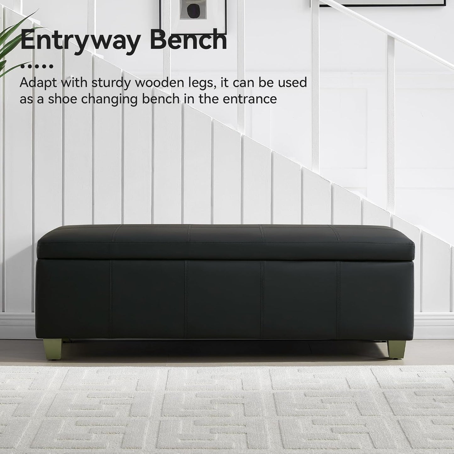 51" Faux Leather Storage Ottoman, Stitch Tufted Rectangle Upholstered End of Bed Storage Bench, Entryway Large Couch Ottoman with Wooden Legs, Dark Black