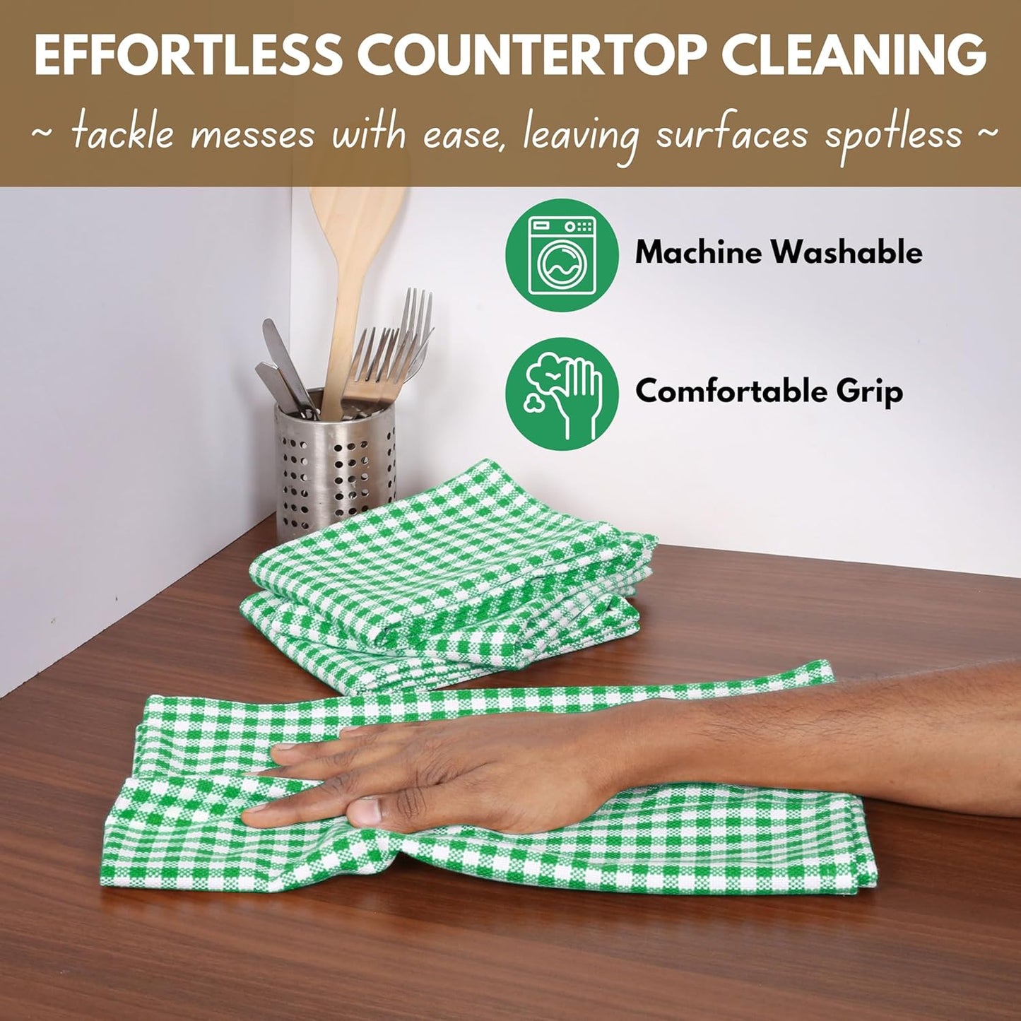 Native Fab 6 Pack Kitchen Towel with Hanging Loop 16x26 inches, Cotton Gingham Check Kitchen Towels for Drying Dishes, Soft & Absorbent Washcloths, Dish Cloth, Green White