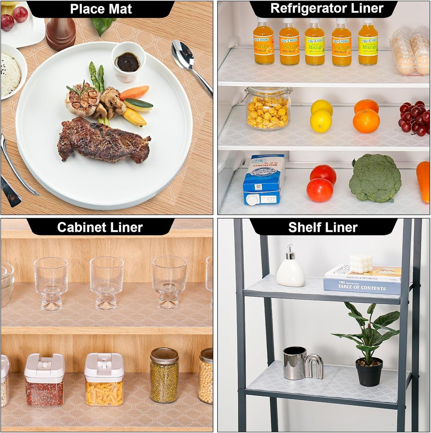 Cooyes Shelf Liner for Kitchen Cabinets Waterproof Kitchen Cupboard Liner Plastic Drawer Mats EVA Material Non Adhesive Fridge Mats for Shelves