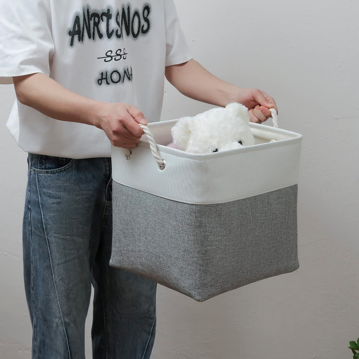 13 x 13 Inch Cube Storage Bins, 4 Pack Large Collapsible Fabric Storage Bin with Ropes, Foldable Storage Cubes for Home, Office,Closet, Clothes, Toys Organizer (White & Grey)